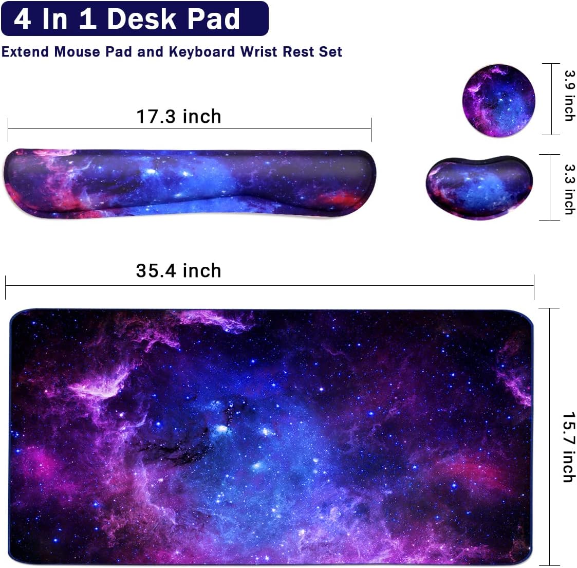 Large Mouse Pad and Keyboard Wrist Rest, Desk Pad for Keyboard and Mouse, 4-in-1 Large Gaming Mouse Pad with Wrist Support, Desk Mat for Home Office Study Game-Galaxy Fluid
