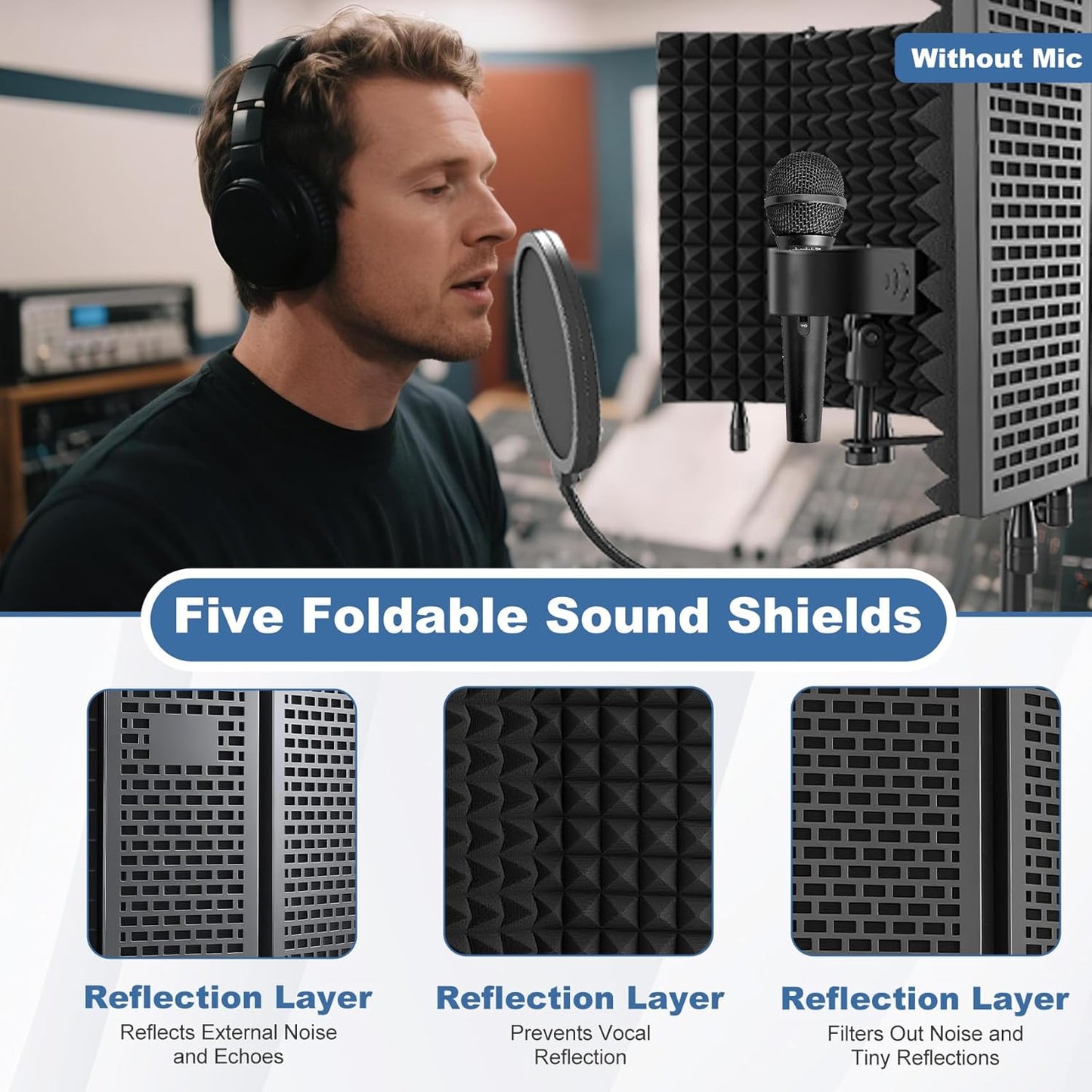 Studio Microphone Stand with Isolation Shield & Pop Filter,5-Sided Tri-Layer microphone isolation shield,Studio Boom Arm Tripod for Crystal Clear Recording,Podcasting,Streaming,Home Studio Equipment