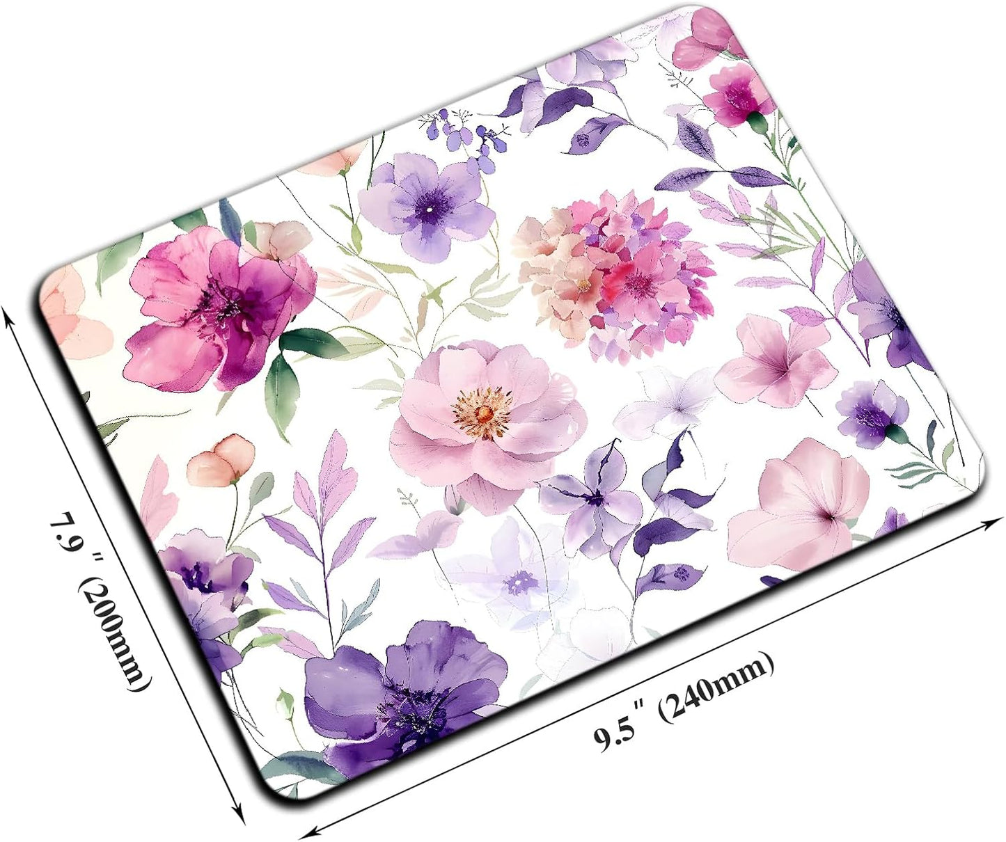 Mouse Pad, Cute Purple Watercolor Flowers Mouse Pads for Desk, 9.5" x 7.9" Non-Slip Rubber Base Computer Mousepad with Women, Portable Square Design for Wireless Mouse and Pad Laptop Office & Travel