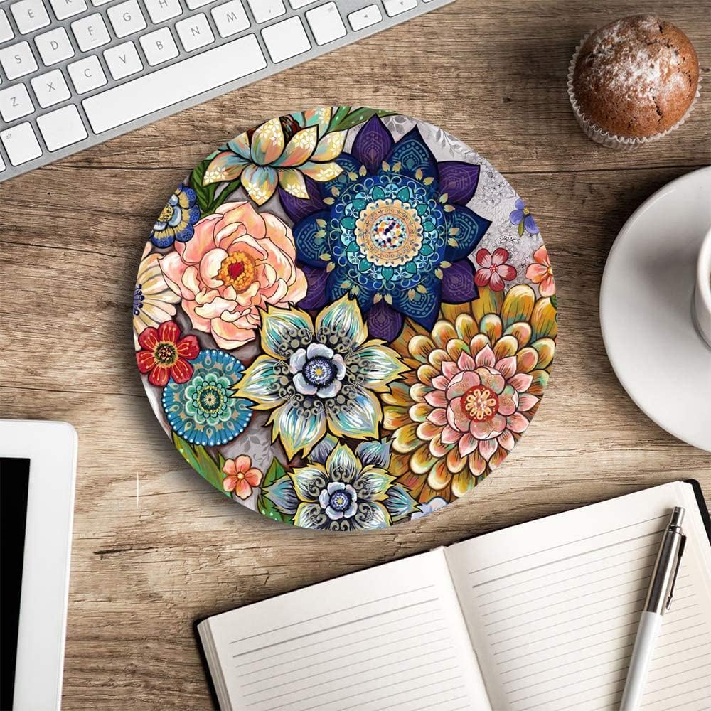 Round Mouse Pad, Boho Floral Mouse Pad, Washable Round Mousepad with Lycra Cloth, Non-Slip Rubber Base Computer Mouse Pads for Wireless Mouse