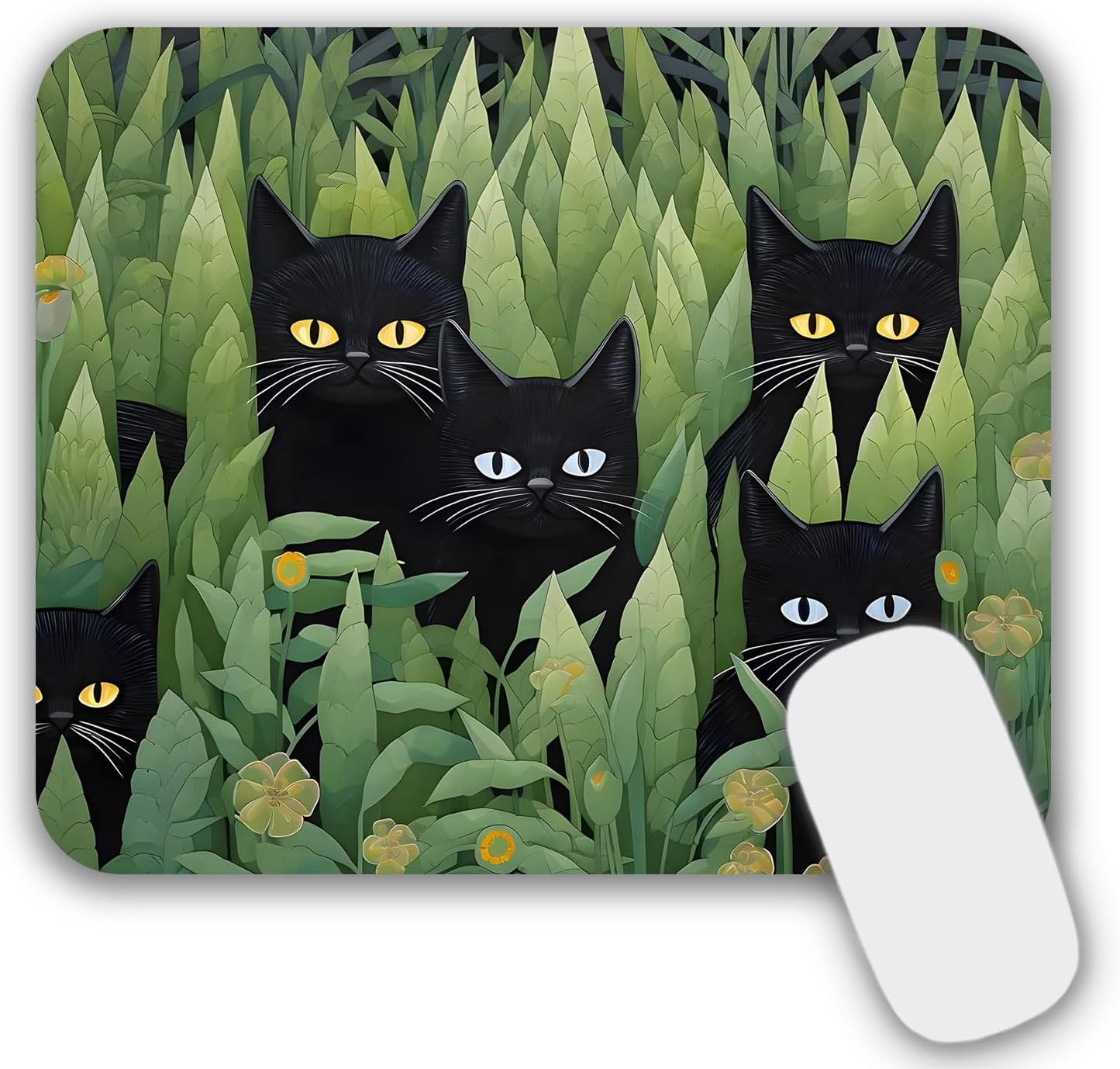 Mouse Pad, Gaming Mouse Pad, Non-Slip Rubber Base Mouse Mat with Designs for Laptop, Computer & Office, 9.5 x 7.9 x 0.12 inches (Black Cats in Grass)