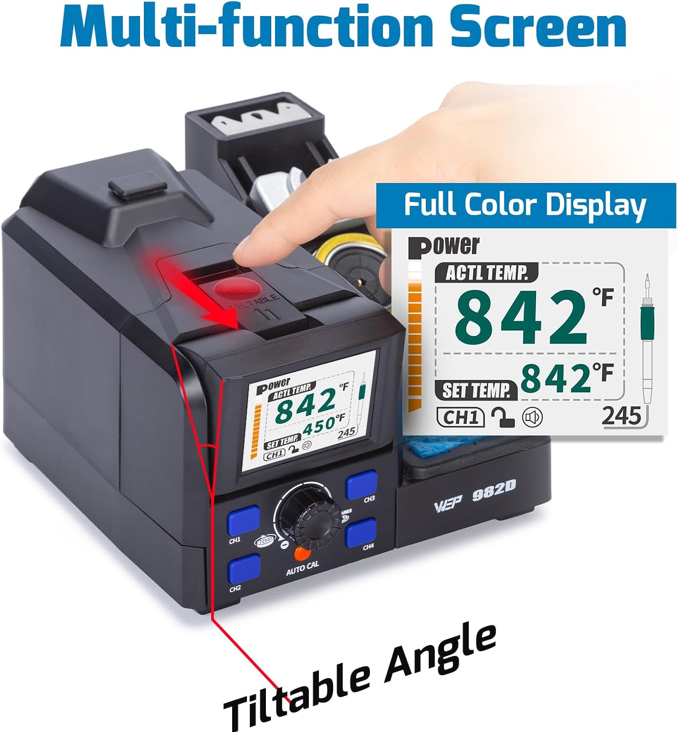 WEP 982D Precision Soldering Station with Automatic Calibration, Tiltable Screen, C245 C210 Compatible Soldering Iron Kit with 2 Spools Lead Free Solder Wire, 6 Soldering Cartridges