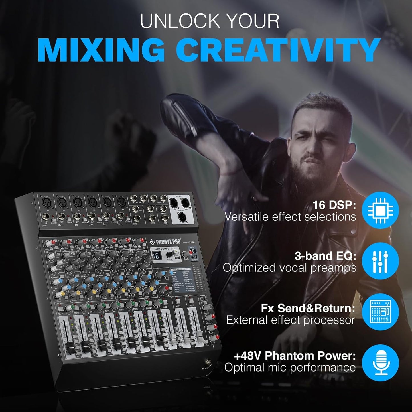 Professional 8-Channel Audio Mixer, Phenyx Pro DJ Sound Mixer Board w/Flexible AUX, BUS, SUB Routing, 16 DSP, BT Streaming & USB-B PC Recording, Mixing Console for Stage, Home Studio (PTL-800)