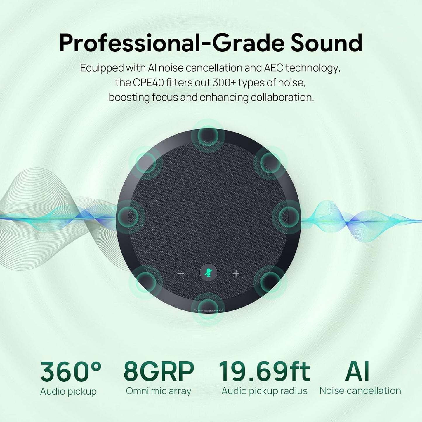 Yealink CPE40 Conference Speaker, Expansion Microphone for CP50, Ai Noise Cancellation, 8 360° Omni Mics Array, 19.6ft Pickup, Daisy Chain up to 7 Speakerphones for Zoom, Teams, Large Meeting Room