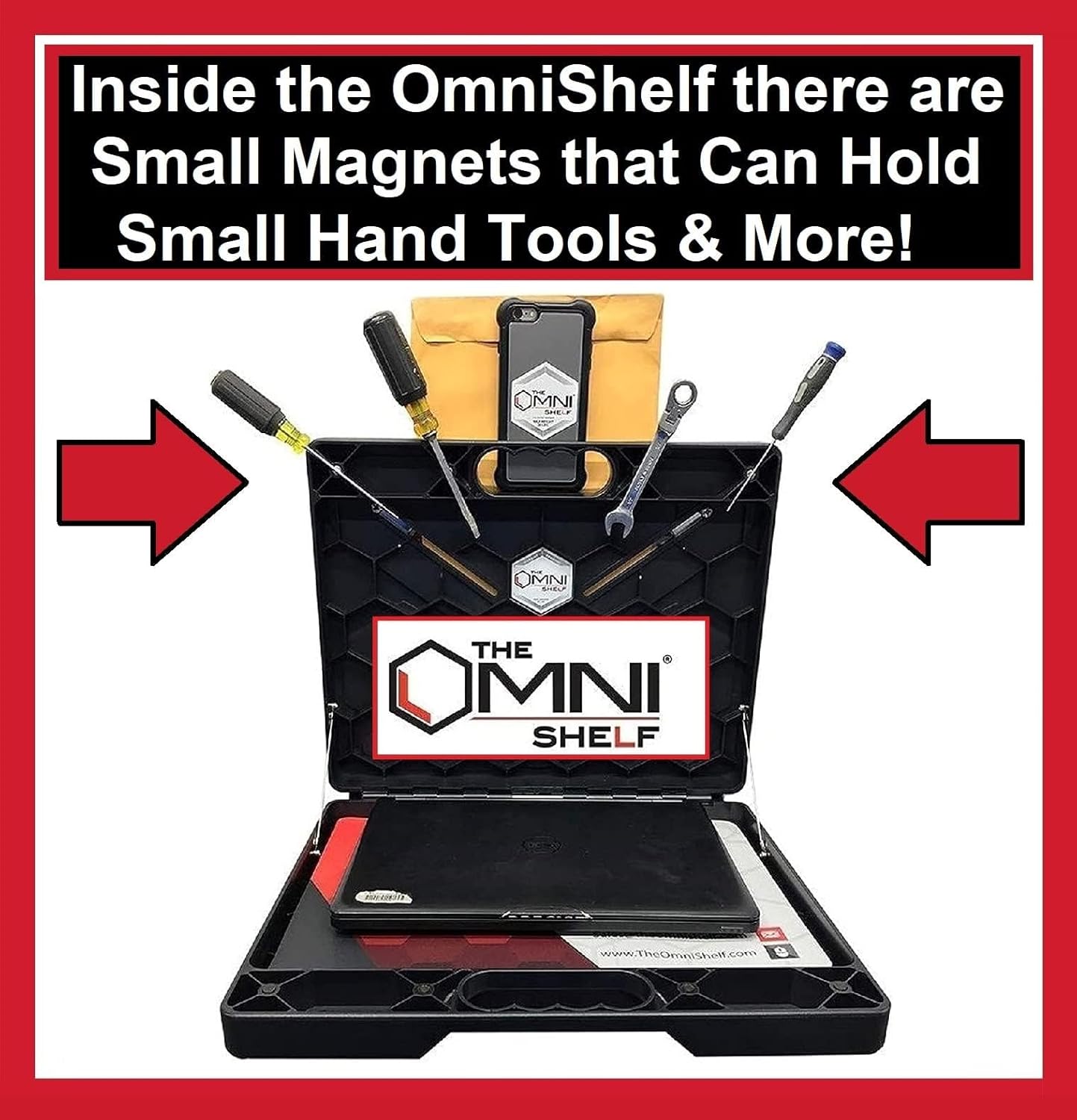 The OmniShelf Portable Workstation, Magnetic Toolbox, Laptop Stand w/ 50 lb Capacity, Hands Free Workstation, Attach to HVAC, Trucks, Walls, Poles etc. (Model # OSO1 - Magnets)