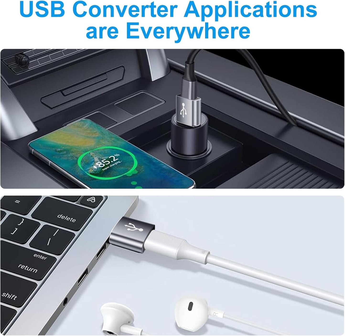 USB to USBC Adapter 8 Pack,USB A to C Adapter,USBC Female to USBA Male OTG Connector,C Cable Converter for iPhone,iWatch,Car Play,USB Charger,Grey