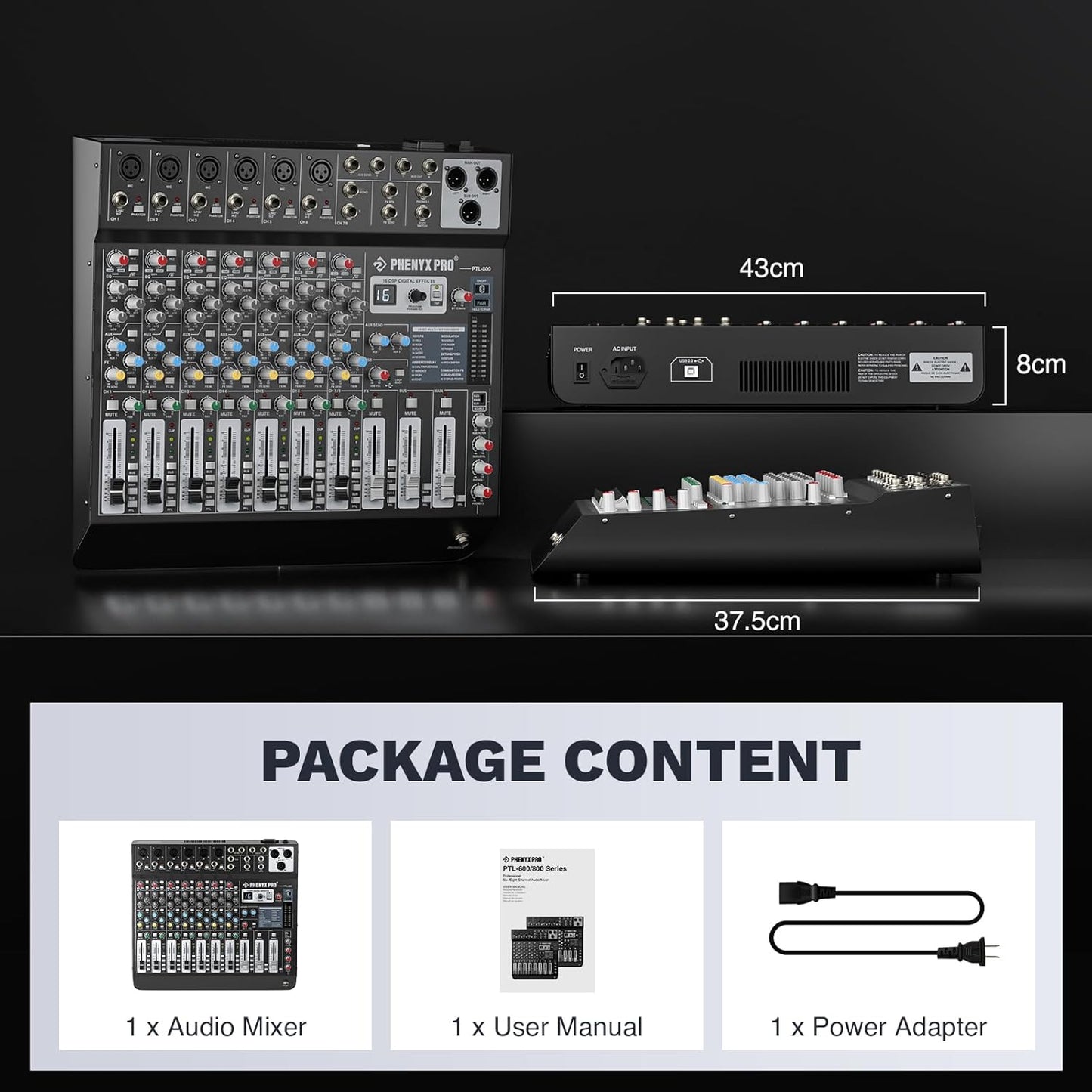 Professional 8-Channel Audio Mixer, Phenyx Pro DJ Sound Mixer Board w/Flexible AUX, BUS, SUB Routing, 16 DSP, BT Streaming & USB-B PC Recording, Mixing Console for Stage, Home Studio (PTL-800)