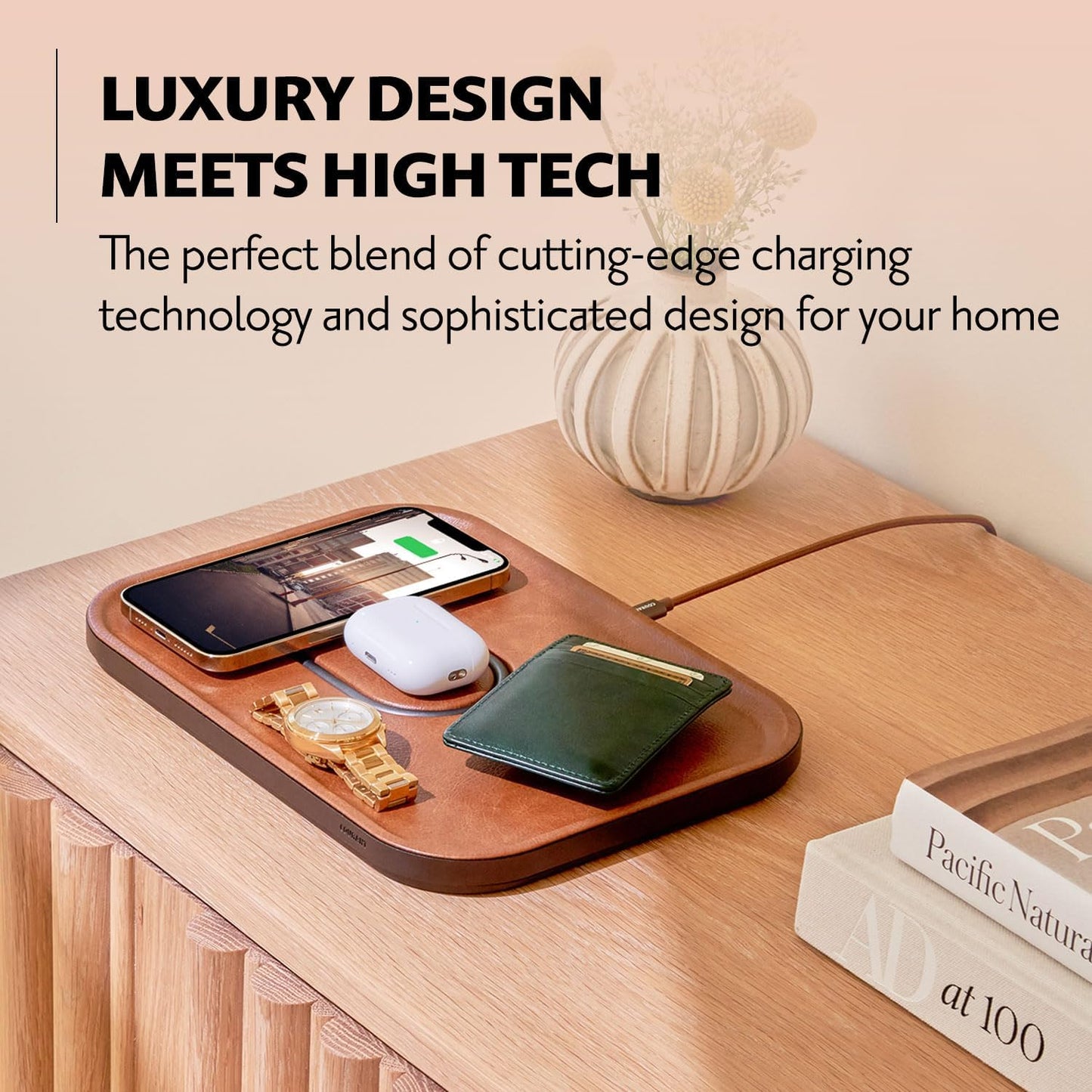 Courant MAG:3 Classics Charger and Tray - Italian Leather, Multi-Device Charger Compatible with MagSafe iPhones 16, 15, 14, 13, 12 or Wireless AirPod Cases (Black)