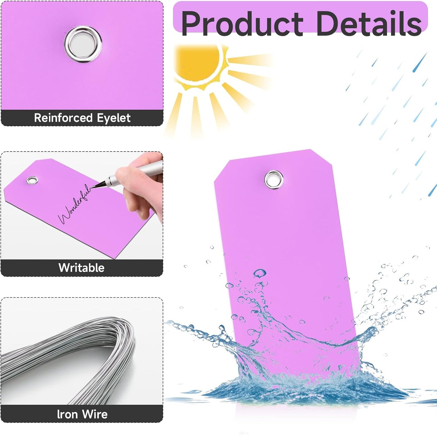 100 Plastic Shipping Tags - Waterproof, Durable, Light Purple, 4 3/4" x 2 3/8"