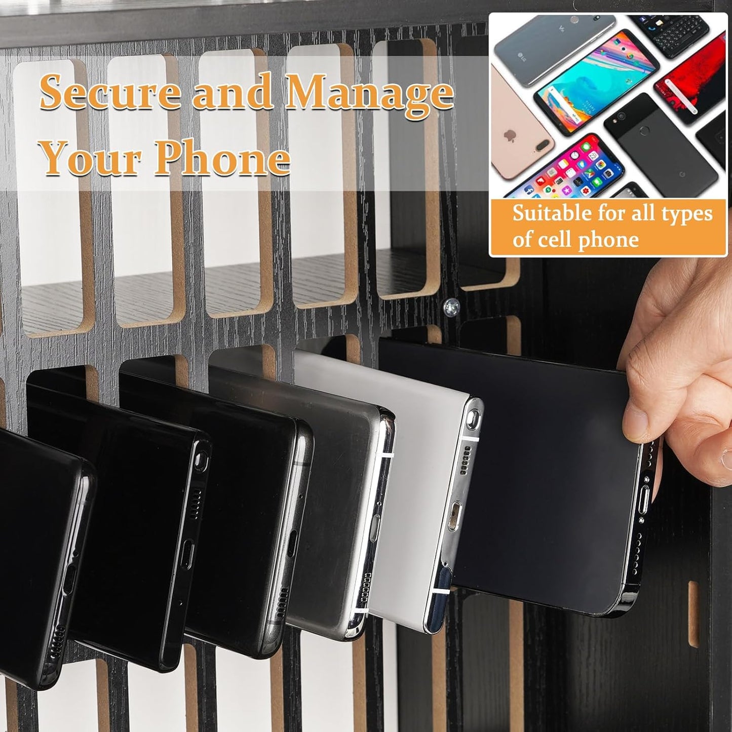 Cell Phone Holder Classroom 36 Slots Wooden Cell Phone Storage Cabinet Pocket Chart with Handle and Security Lock for Classroom Office (36 Grid Cabinet Black)