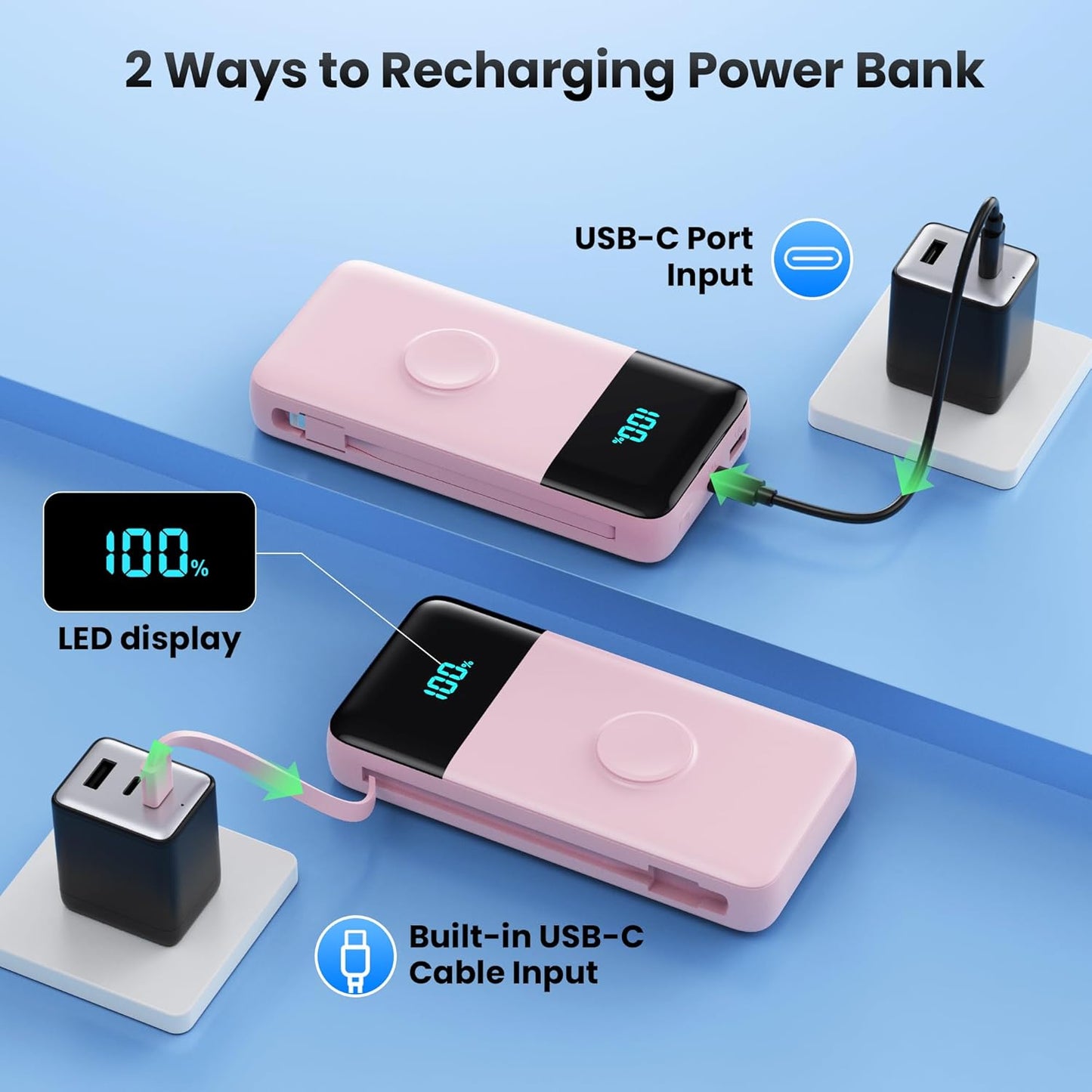 Portable Charger 40800mAh for iPhone with 2 Built-in Cable and iWatch Charger, 5-in-1 25W PD Fast Charging USB C Power Bank,QC4.0 LED Display Battery Pack for iPhone 16/15/14/13/12,Android,Apple Watch