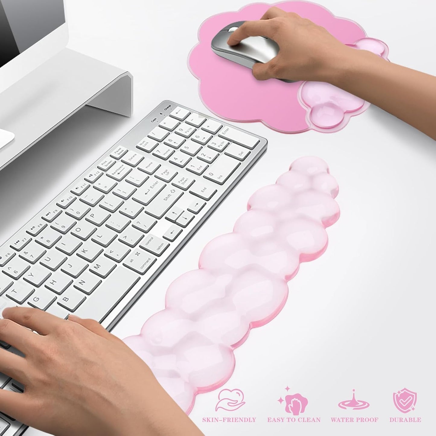 Gel Cloud Keyboard and Mouse Wrist Rest, Cute Wrist Support and Arm Support Rest for Typing Pain Relief，Suitable for Office/Computer/Laptop/Gaming Set-Pink