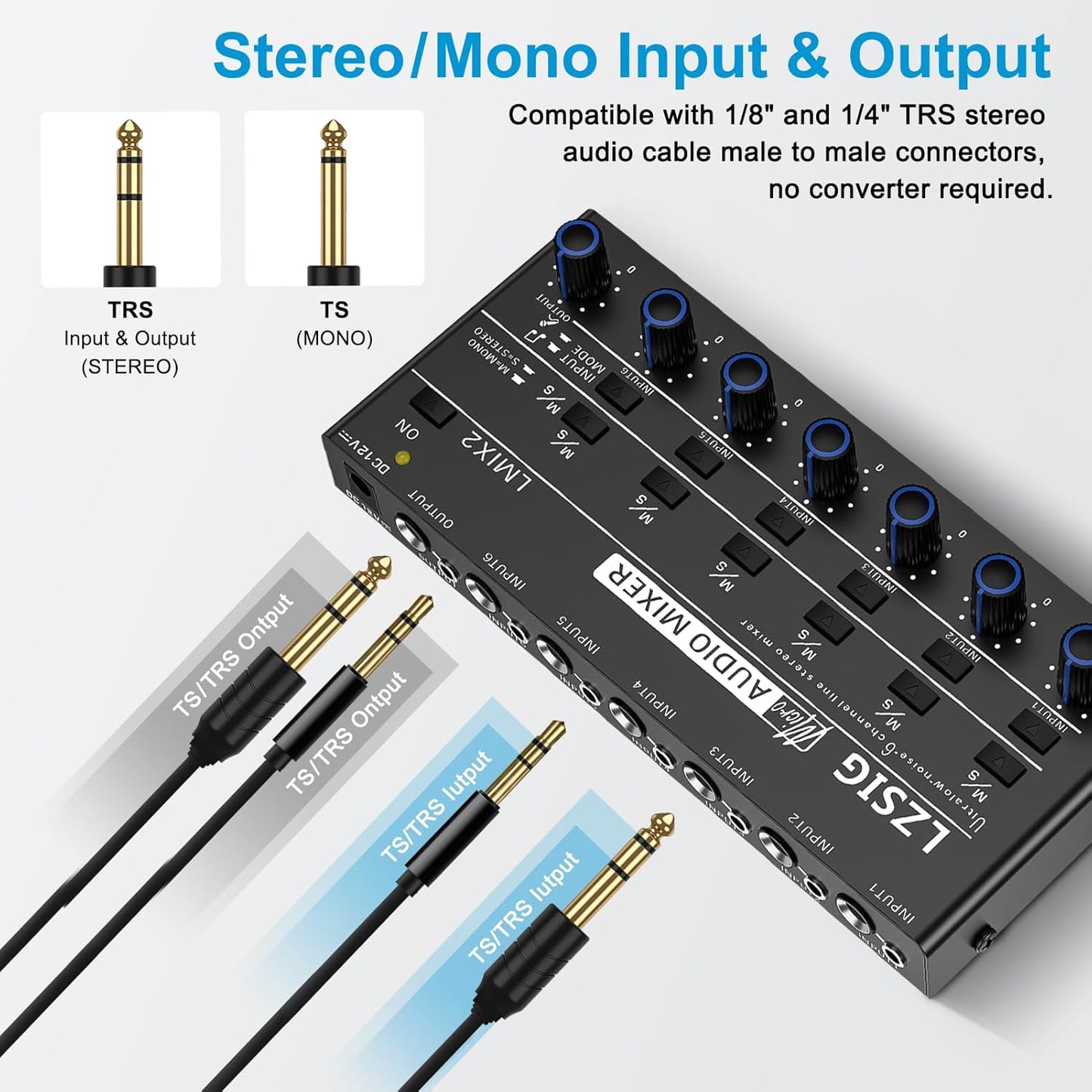 LZSIG Mini Audio Mixer,Stereo Line Mixer for Sub-Mixing,Ultra Low-Noise,6-Channel,Microphone Independent Control, 1/4" & 1/8" TRS Output and Input, for Guitars,Bass,Keyboards