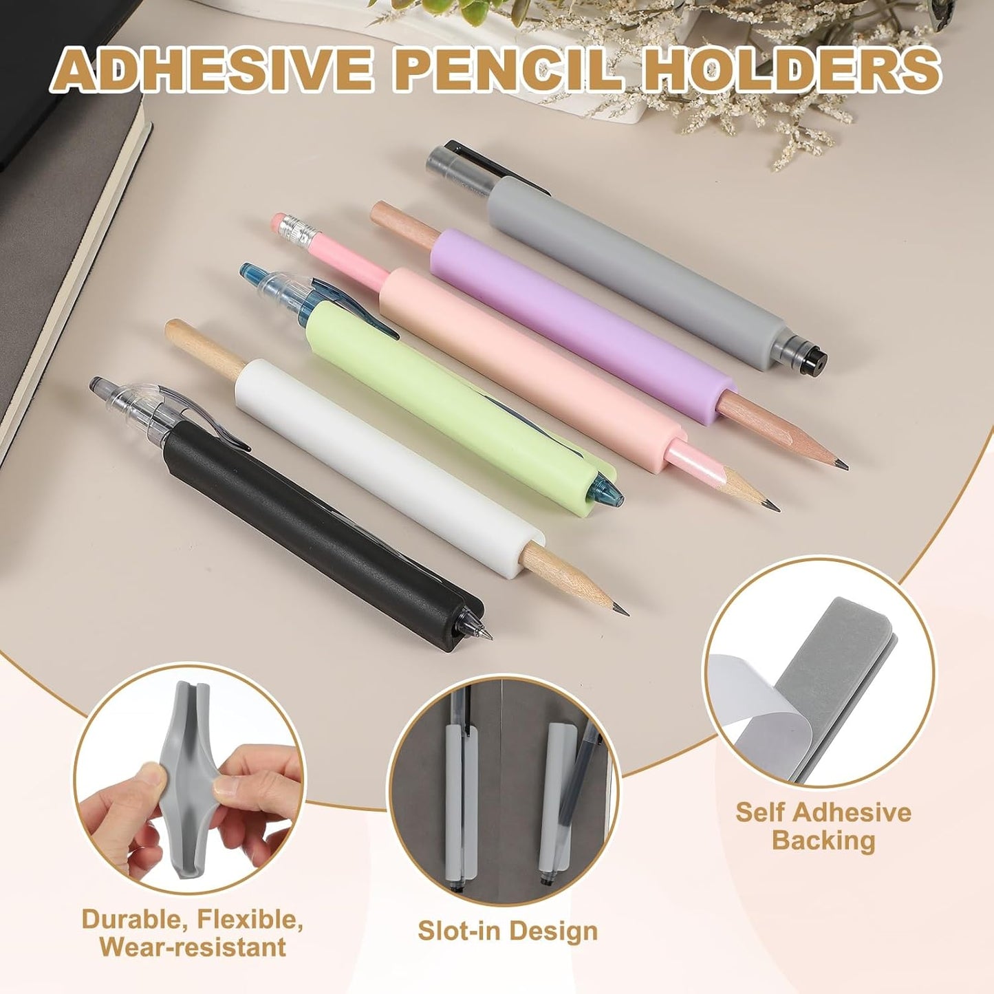 PATIKIL 2 Pcs Adhesive Pencil Holders, 105mm Long Universal Pencil Clip Silicone Pen Holder Office Pen Organizer for Desk Wall Clipboard Notebook Tablet Case Stylus, Purple