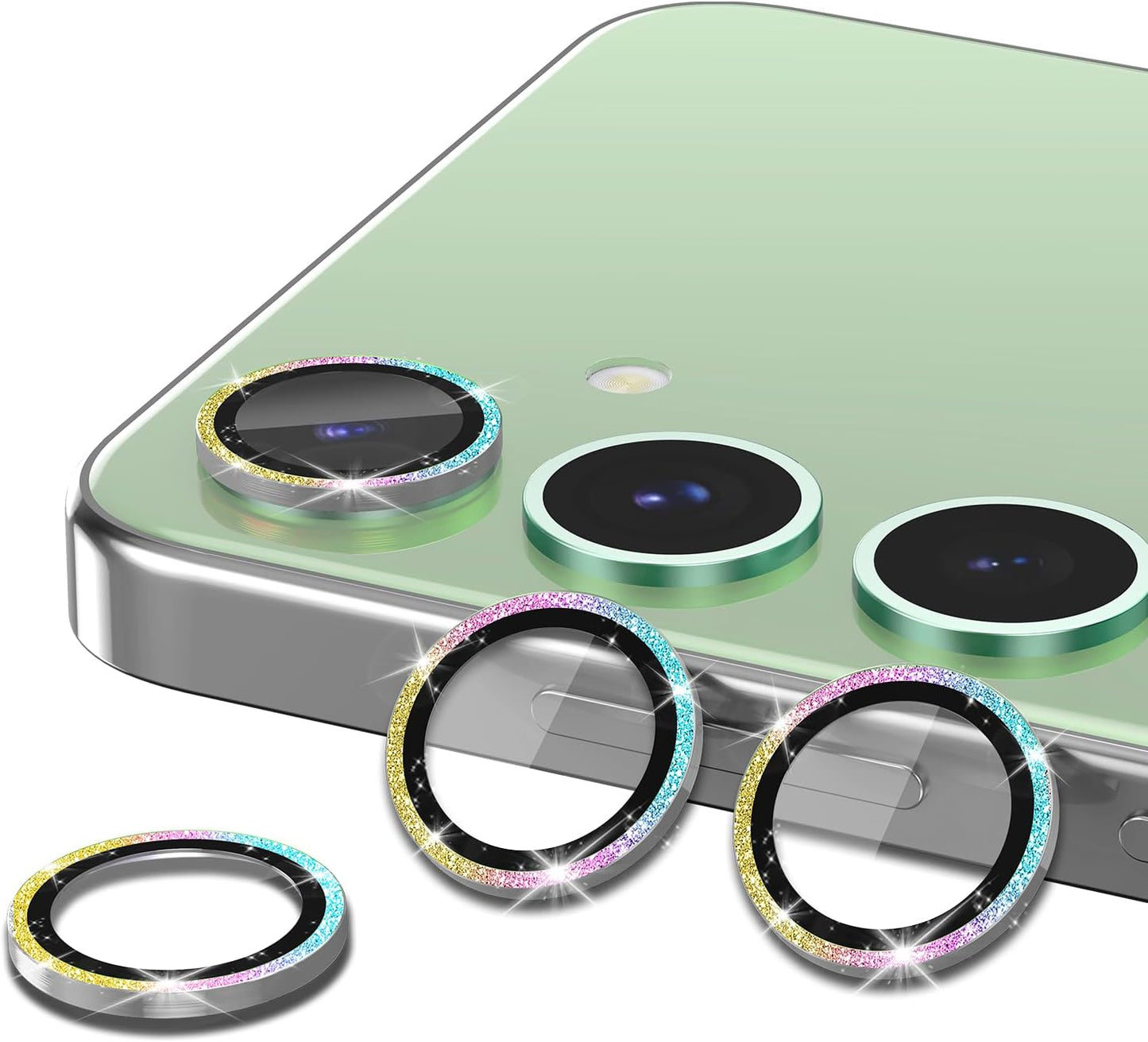 for Samsung Galaxy S24 FE Camera Lens Protector, Individual Metal Ring Tempered Glass Lens Cover, [Strong Adsorption] Scratch Resistant Ultra-Thin HD Clear Lens Cover, 1 Set-Colorful Sparkly