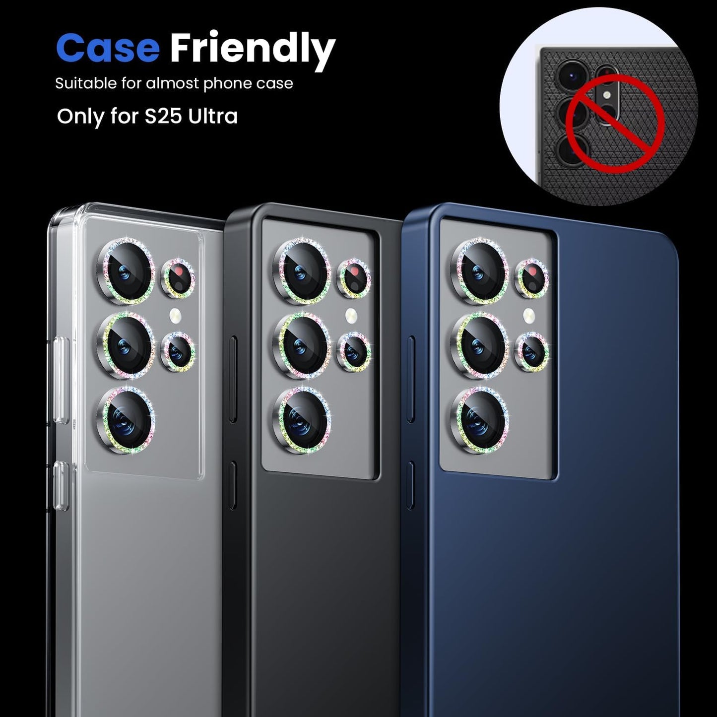 WSKEN for Samsung Galaxy S25 Ultra Camera Lens Protector - Ultra Thin Case Friendly, 9H Shatterproof Tempered Glass with Aluminum Metal Circle Camera Screen Protector Cover Accessories, Glitter Color