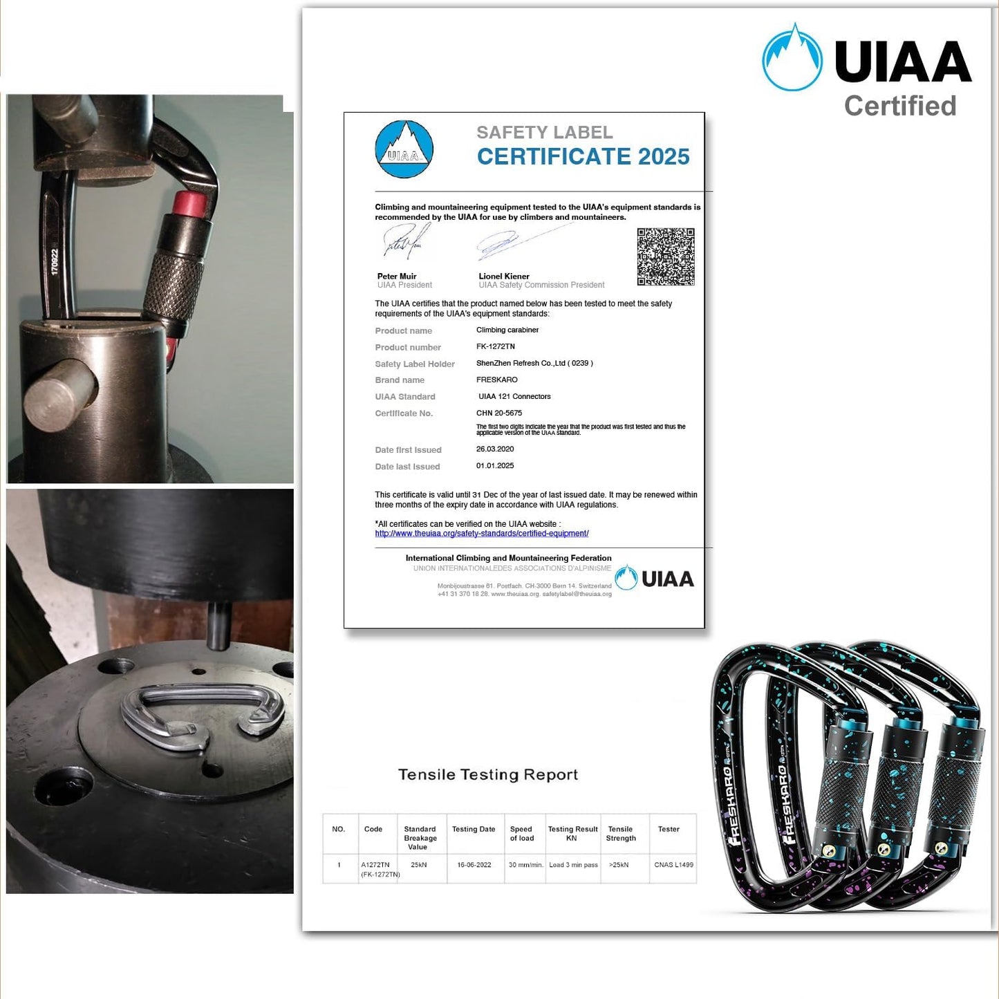 FresKaro UIAA Certified 25KN Auto Locking Climbing Carabiner Clips, Twist Lock, and Heavy Duty Carabiners for Rock Climbing, Rappelling, and Mountaineering, D Shaped