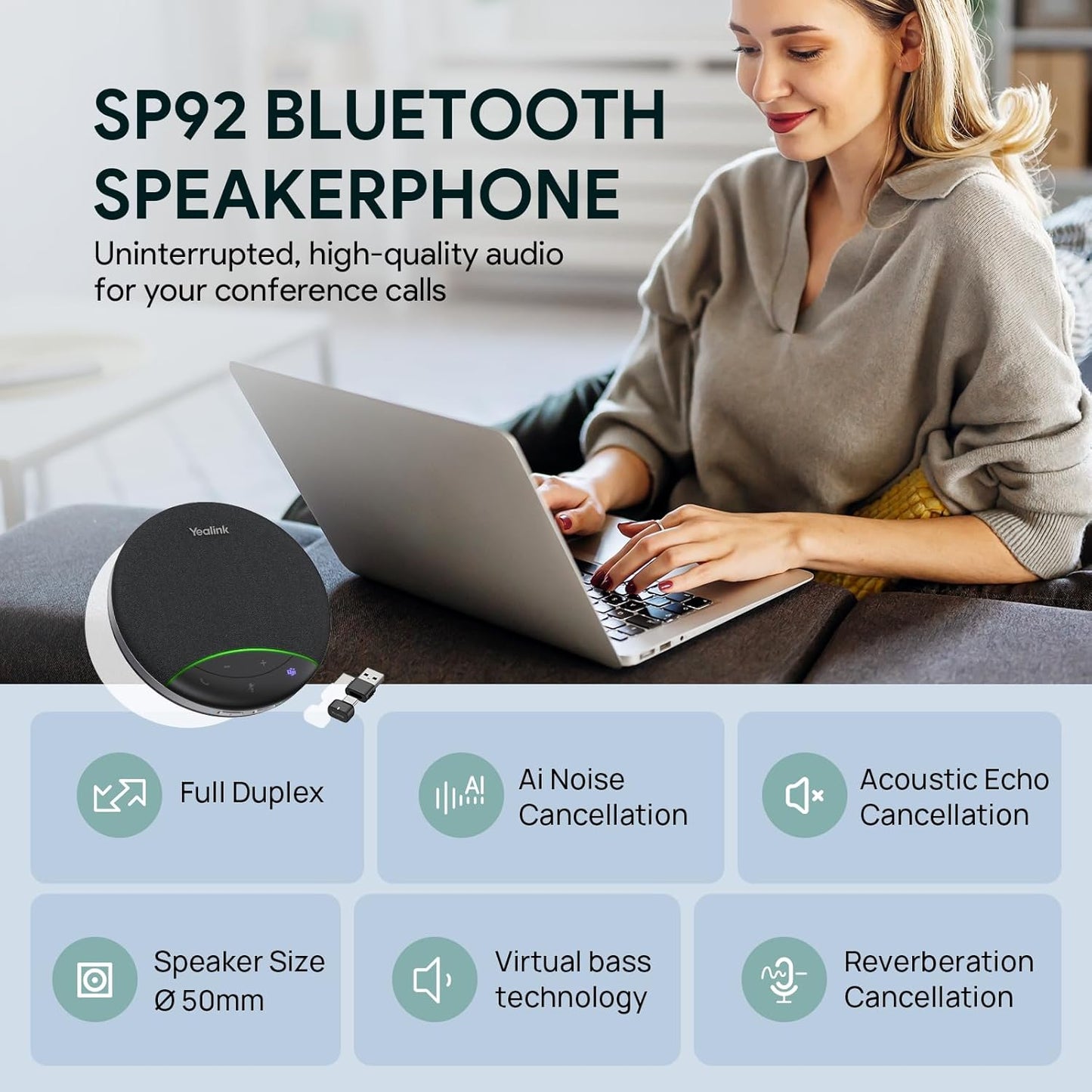 Yealink Sp92 Conference Speaker and Microphone with Bluetooth Dongle, Teams Certified, Noise Reduction, 20H Call Time USB Speakerphone for 4-6 People Meeting Room