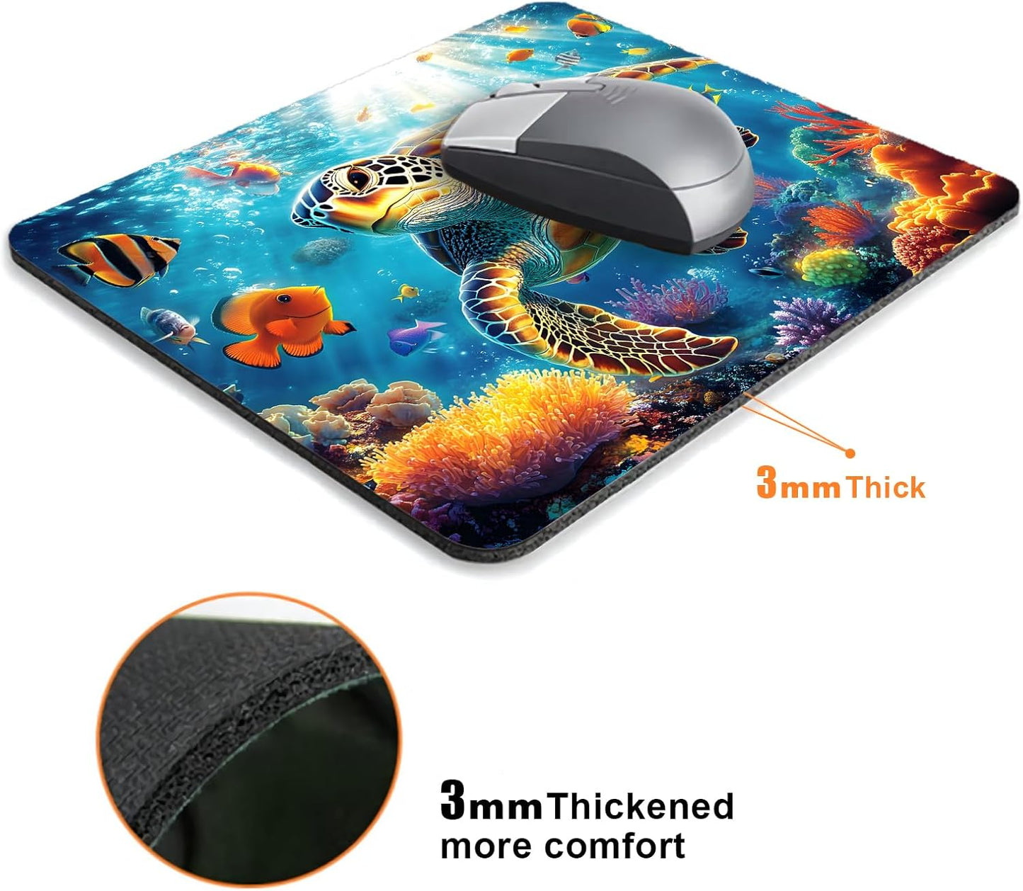 Sea Animal Colorful Turtle Mouse Pads for Desk, Portable Wireless Computer Mouse pad Small Design with Women, Non-Slip Rubber Base Laptop Mousepad 9.5" x 7.9" Smooth Surface for Office & Travel