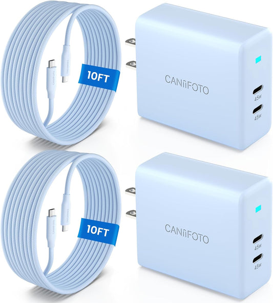 2Port 45W Super Fast Charger Type C, 2Pack 45W USB-C Charger Fast Charging for Samsung Galaxy S24 Ultra/S24+/S24/S23 Ultra/S23+/S22/S20/Note10+ with 2X 10ft Type C Cord (Blue)