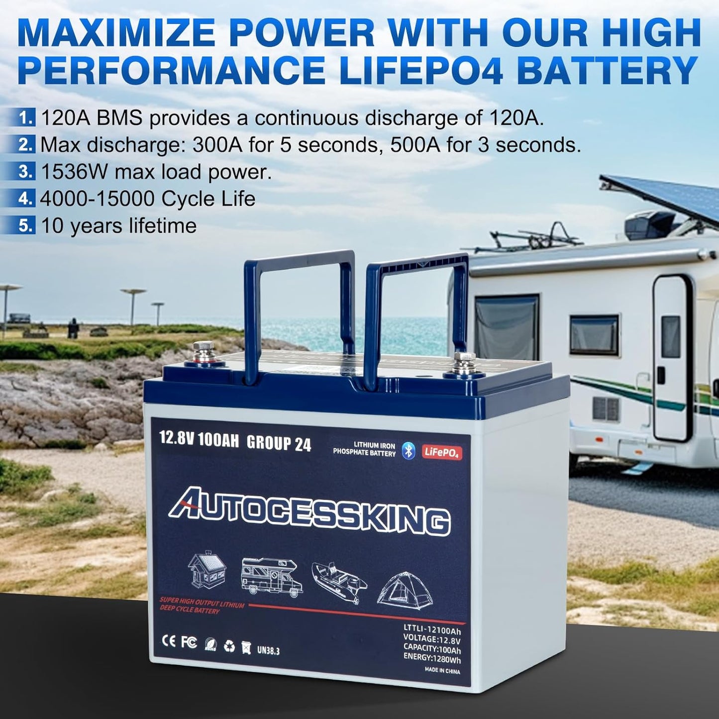 12V 100Ah BCI Group 24 Bluetooth LiFePO4 Battery, 120A BMS Rechargeable Mini Lithium Battery with Low-Temp Protection, Up to 15000 Cycles Perfect for RV, Camping, Solar, Off-Grid and Boat