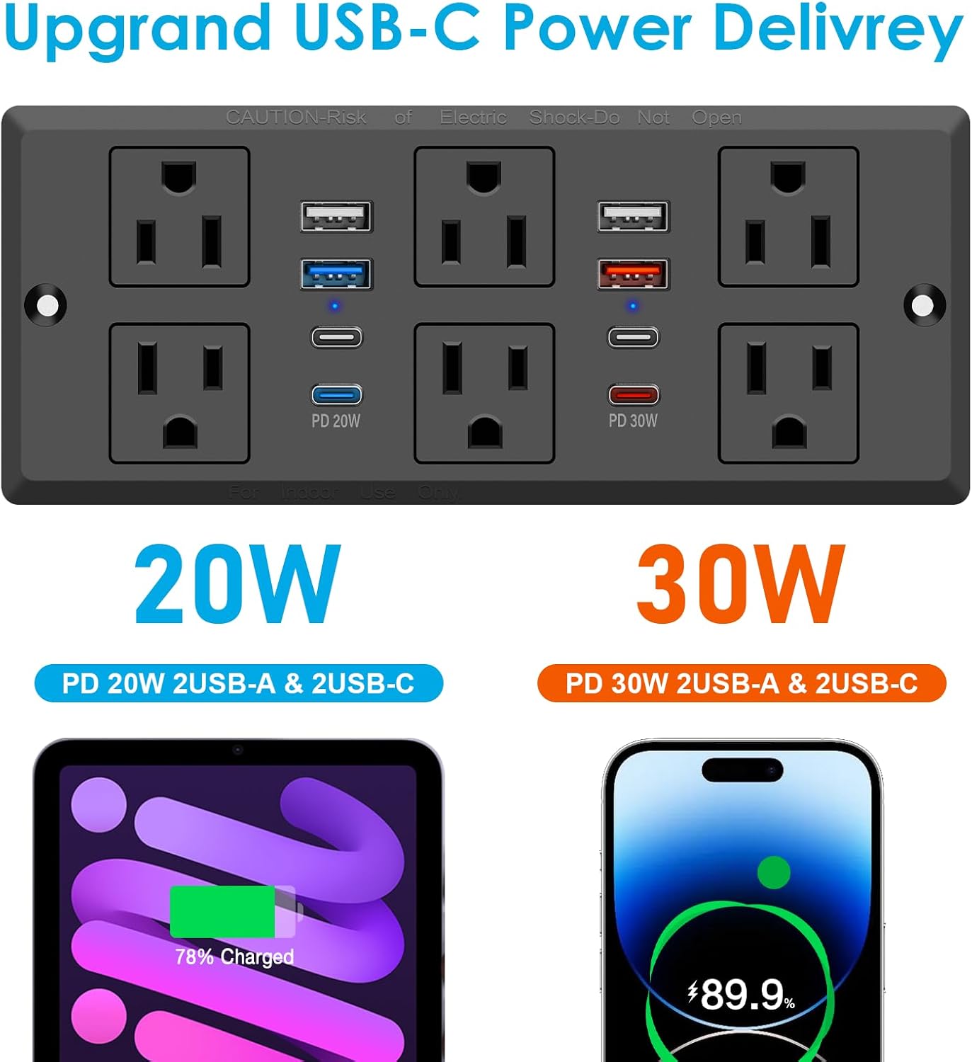 Recessed Power Strip with PD 30W Fast Charging, Conference Desk Flush Mount Outlets Plug in 6 Outlets & 8 USB Ports,3FT Cord Furniture Drawer Outlet Black