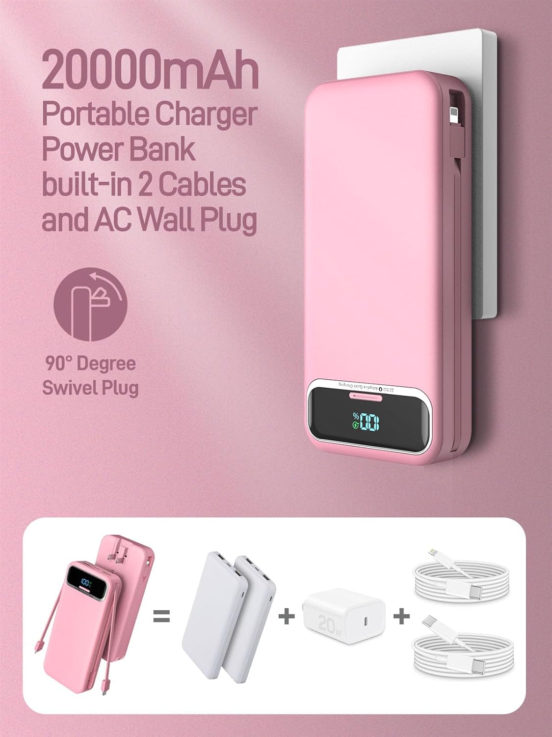 Portable Charger Power Bank with Built in Cables and AC Wall Plug,PD20W&SCP22.5W USB-C Super Fast Charging,20000mAh Travel Phone Charging,LED Display Battery Pack Compatible All iPhone Samsung etc