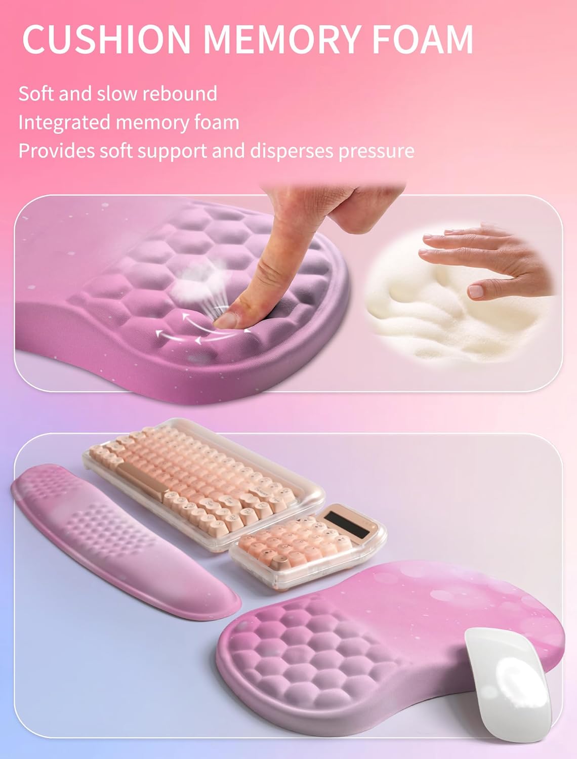 Hokafenle 2in1 Combination, Wave Keyboard Wrist Rest and Ergonomic Curvature Mouse Pad Wrist Support for Relieve Wrist Pain, Filled with Soft Cushion Memory Foam, Romantic Pink