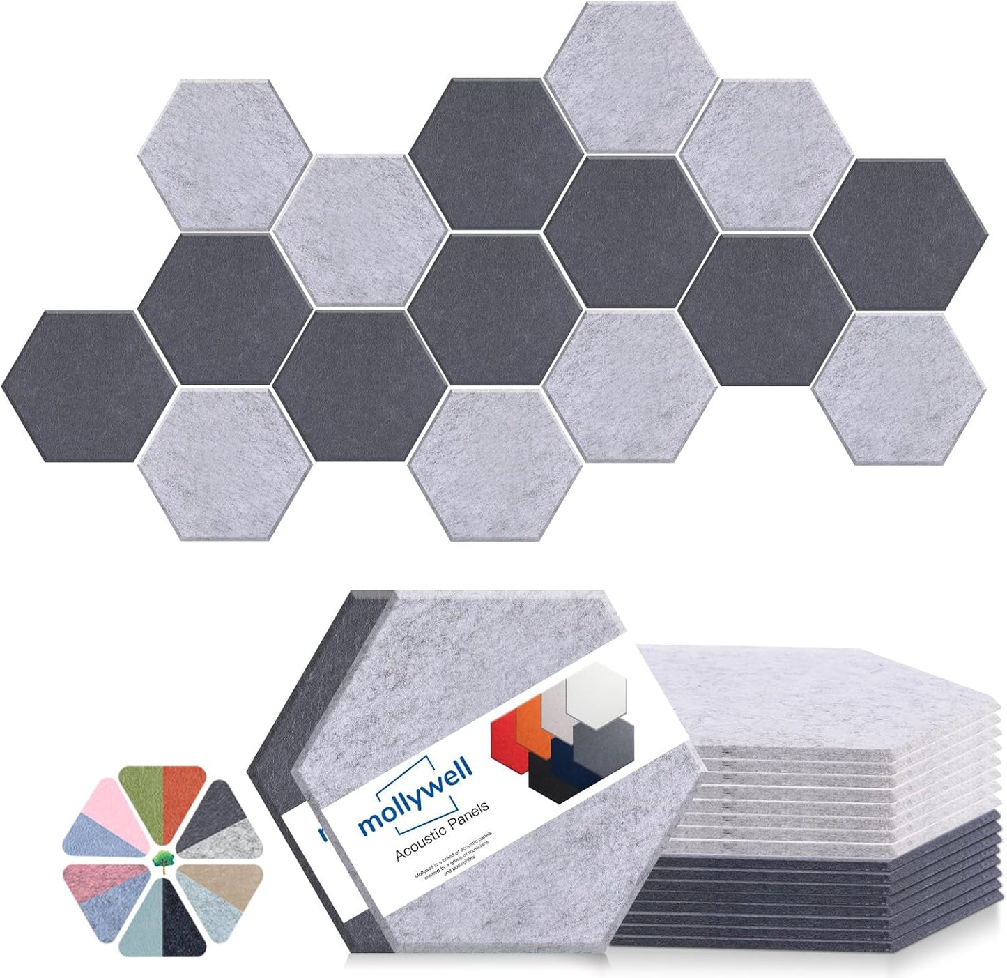 Mollywell Hexagon Acoustic Panels, High Density, Soundproofing, Decorative Noise Reduction Felt Wall Tiles for Ceilings, Home Office & Gaming Room (Moon and Silver Gray), 14x12x0.4 Inch