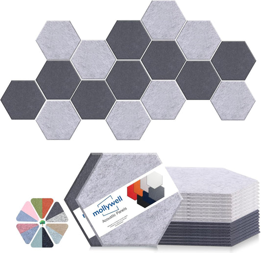 Mollywell Hexagon Acoustic Panels, High Density, Soundproofing, Decorative Noise Reduction Felt Wall Tiles for Ceilings, Home Office & Gaming Room (Moon and Silver Gray), 14x12x0.4 Inch