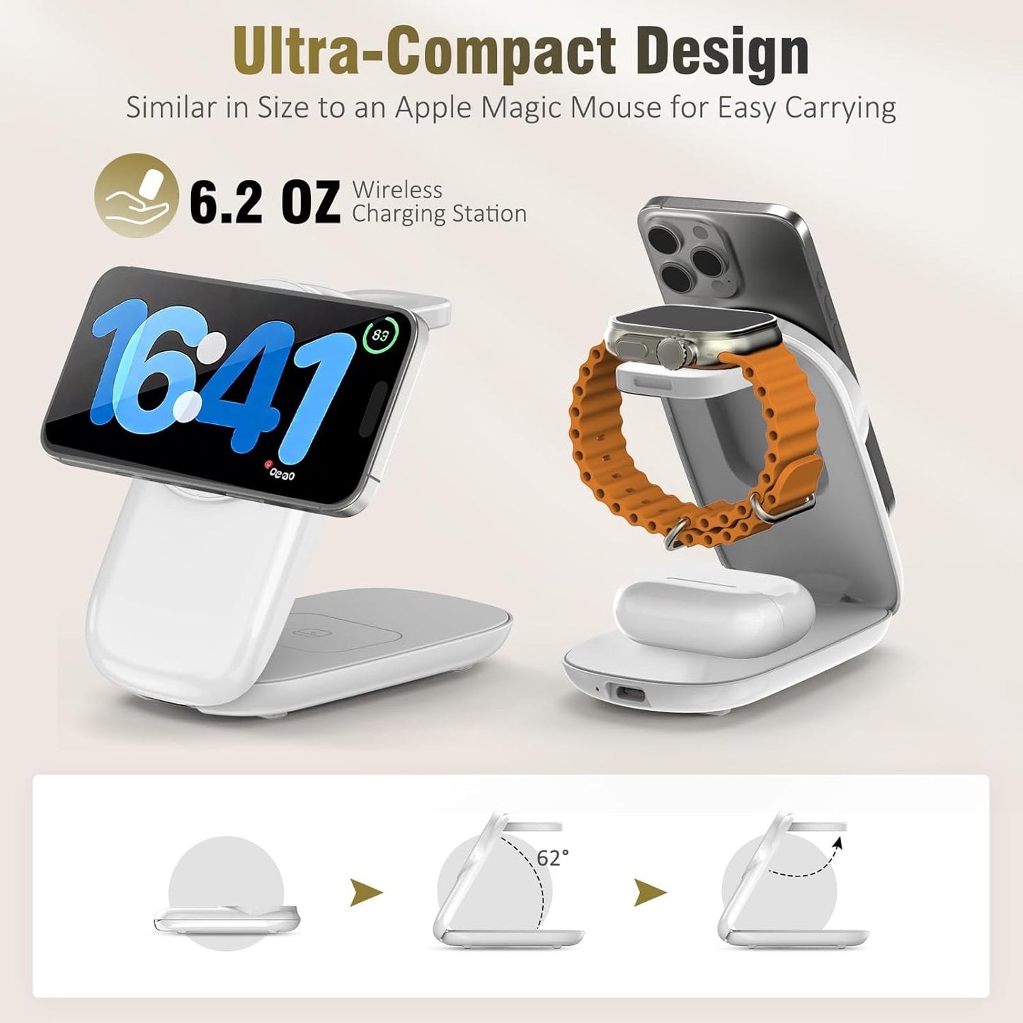 Foldable Wireless Charger, Fast Max Charging for iPhone 16/15/14/13/12 Pro Max, 3 in 1 Charging Station for Apple Watch 10－3 & AirPods Pro/4/3（White