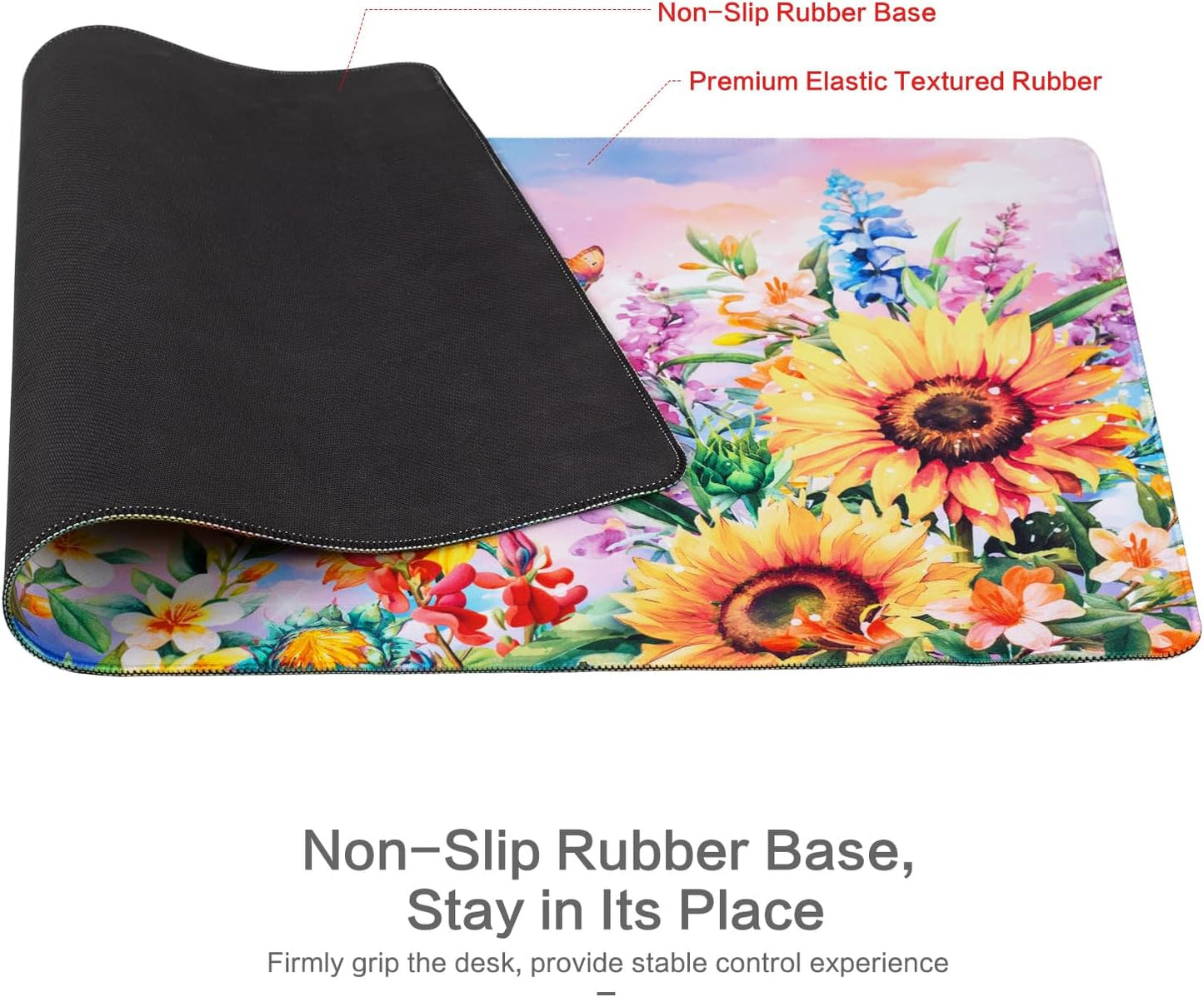 Lokigo Sunflower Mouse Pad Desk Pad Large Gaming Mouse Pad Floral Butterfly Non-Slip Rubber Base Mousepad Keyboard Writing Desk Mat for Home Office Work Study Gaming 31.5"x15.7", Flowers