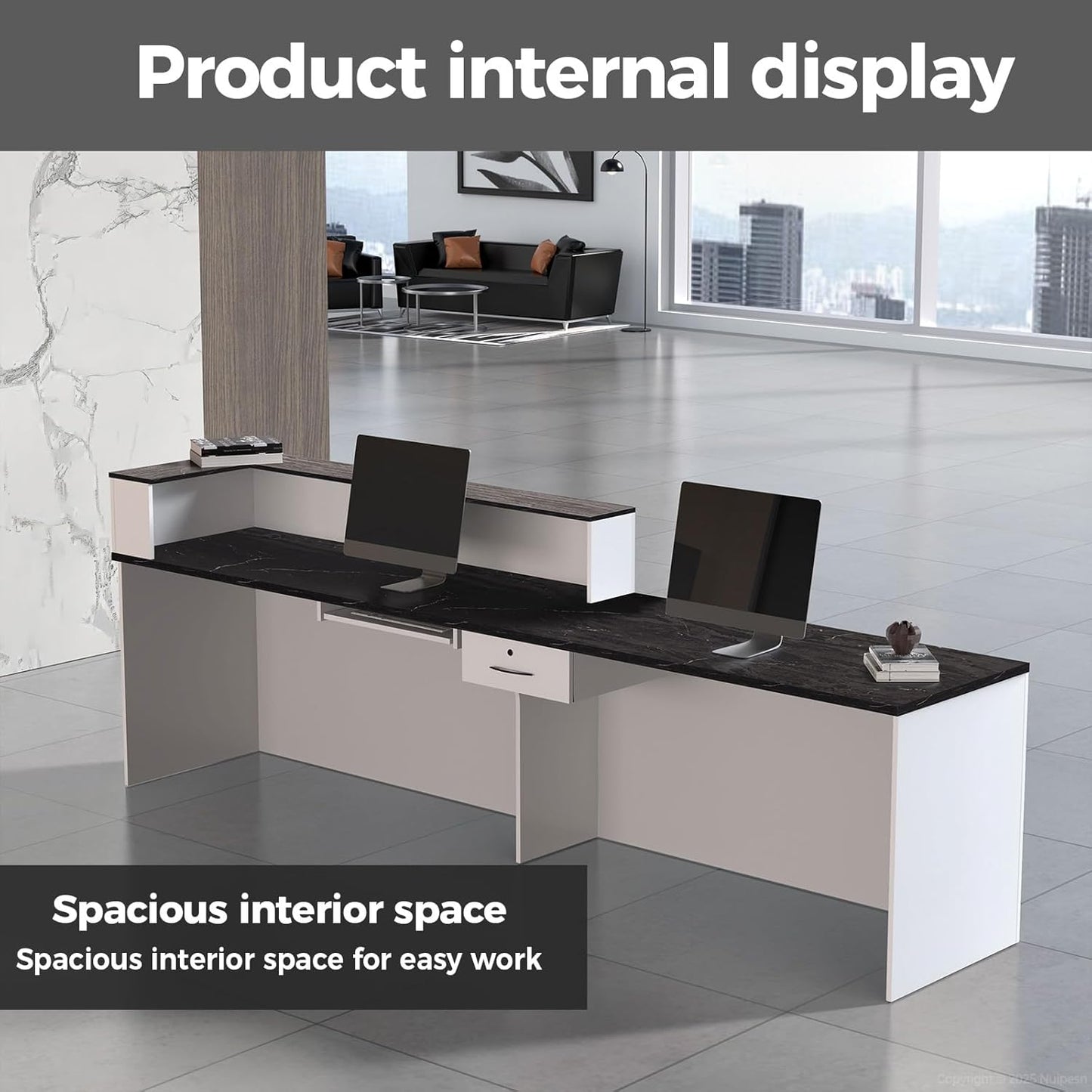 Reception Desk with Counter, Modern Front Desk Reception Counter with Keyboard Tray, Lockable Drawer and Storage Shelves for Office, Retail, Salon (White+Black/Left, 71" L*24" W*39" H)