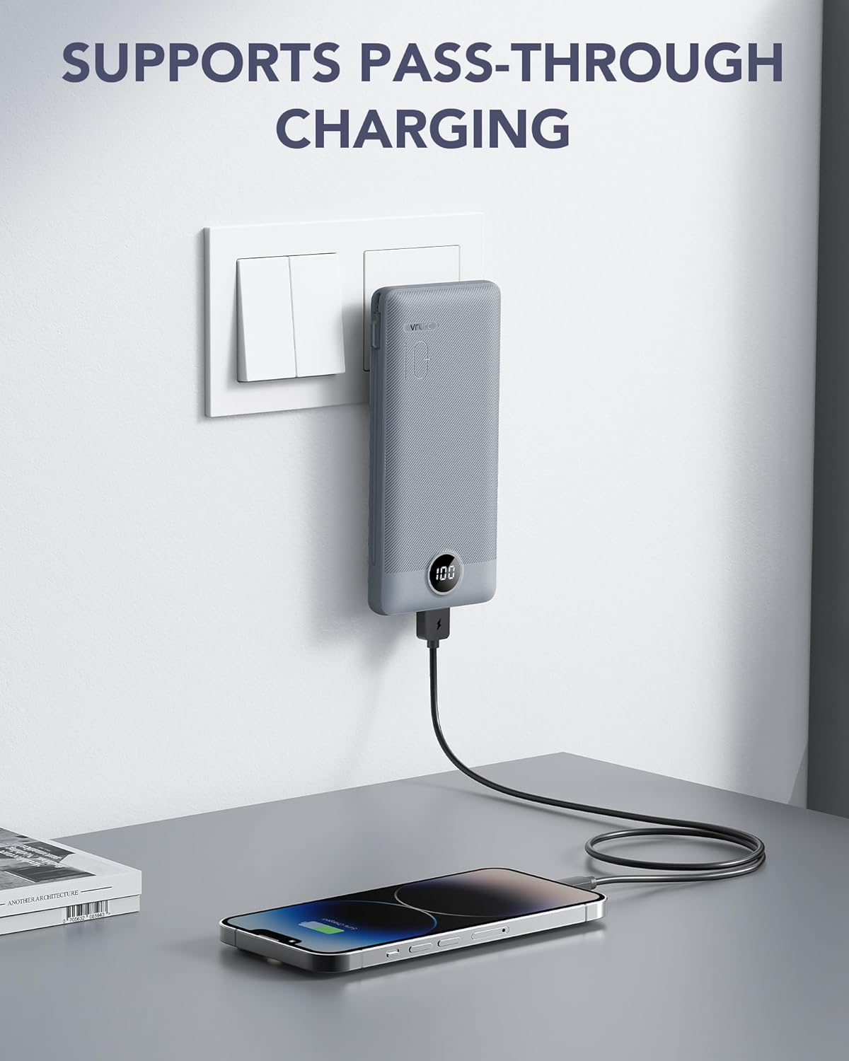 VRURC Portable Charger Built-in Cables and AC Wall Plug, USB C Power Bank 10000mAh, Travel Battery Portable Phone Charger Compact Lightweight External Battery Pack for Smart Phones, Tablets etc-Grey