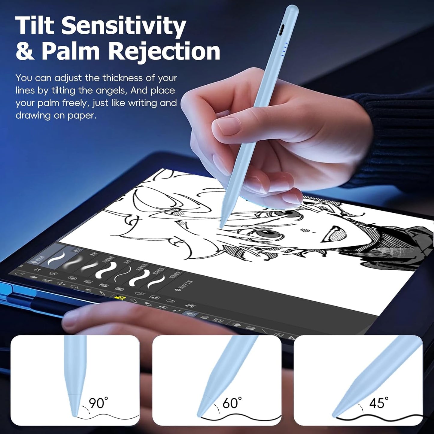 Stylus Pen for iPad (2018-2025),20 Mins Fast Charge for Pad Pencil with Tilt Sensitivity & Palm Rejection,Compatible with iPad 6/7/8/9/10/A16, Air3/4/5/M2/M3, Mini5/6, Pro 11"/12.9"/M4,Blue
