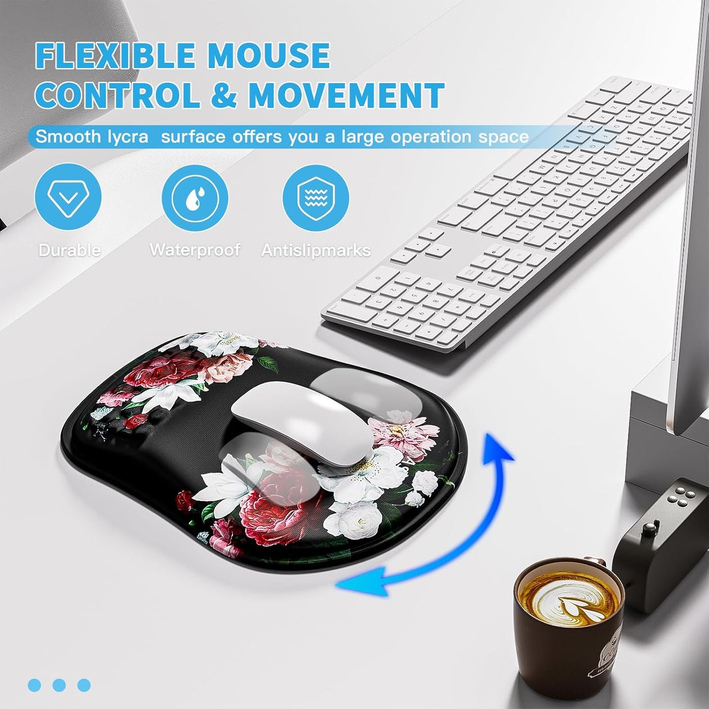 Mouse Pad with Wrist Rest, Ergonomic Mousepads with Wrist Support, Soft Lycra Fabric Memory Foam Office Desk Accessories for Comfort/Pain Relief/PC Gaming/Computer/Laptop (Black Peony)