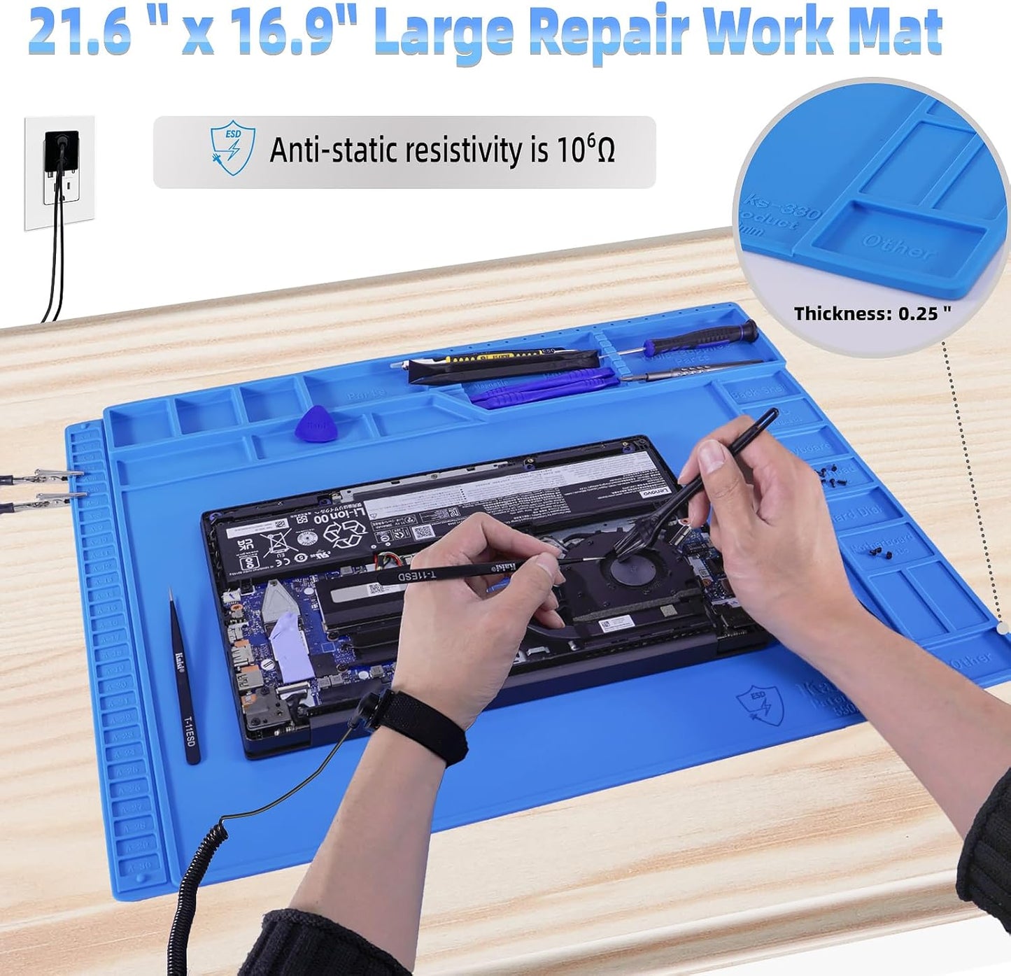 Kaisi Large Anti Static Mat with Grounding Accessories,Heat Resistant Silicone Soldering Mat,Magnetic Work ESD Pad for pc building, Electronics, Laptop, Cellphone Repair Soldering 21.6" x 16.9"