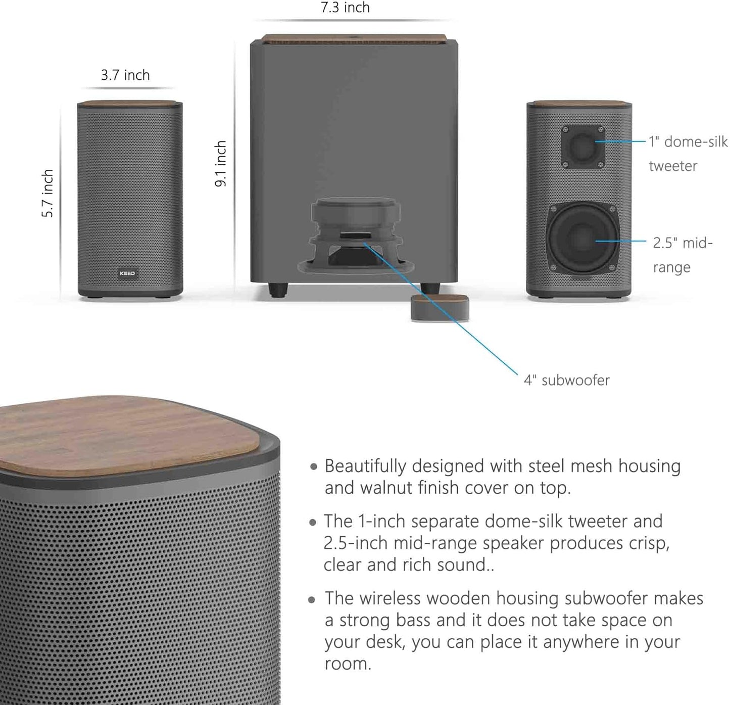 KEiiD 2.1 Bluetooth Computer Speakers with Wireless Subwoofer and Wireless Touchpad for Desktop Laptop Pc Stereo Gaming Speakers, 4 EQ Modes, Aesthetic Style with Great Sound Quality