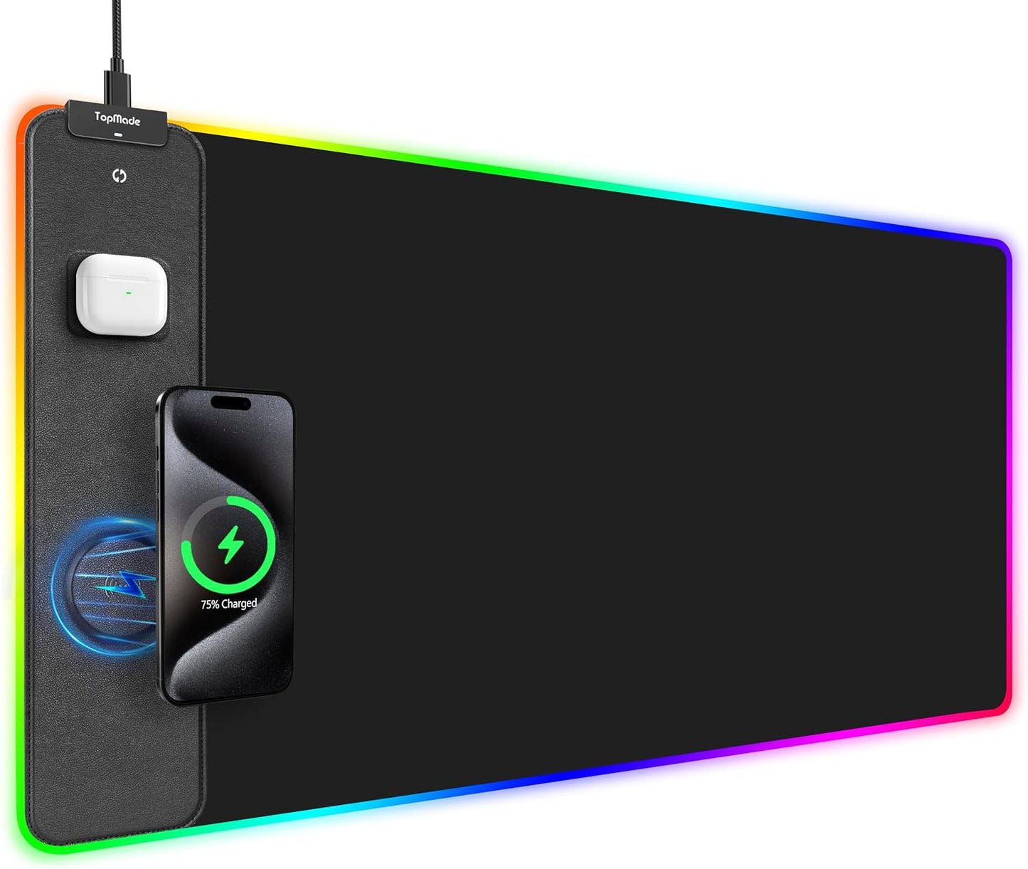 TopMade Wireless Charging RGB Mouse Pad, Waterproof Gaming Desk Pad with 4 Light Modes & 11 RGB Colors, Ultra-Smooth Surface, Non-Slip Base, 31.5"x15.75" XXL Large Desk Mat for MacBook, PC, Laptop
