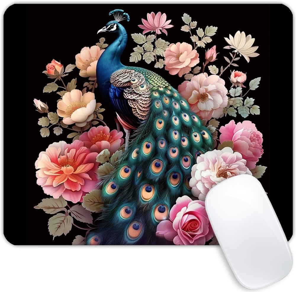 Square Mouse Pad Colorful Peacock with Floral Background-1,Gaming Mouse Pads for Desk,Soft Computer Waterproof Non-Slip Mouse Mat
