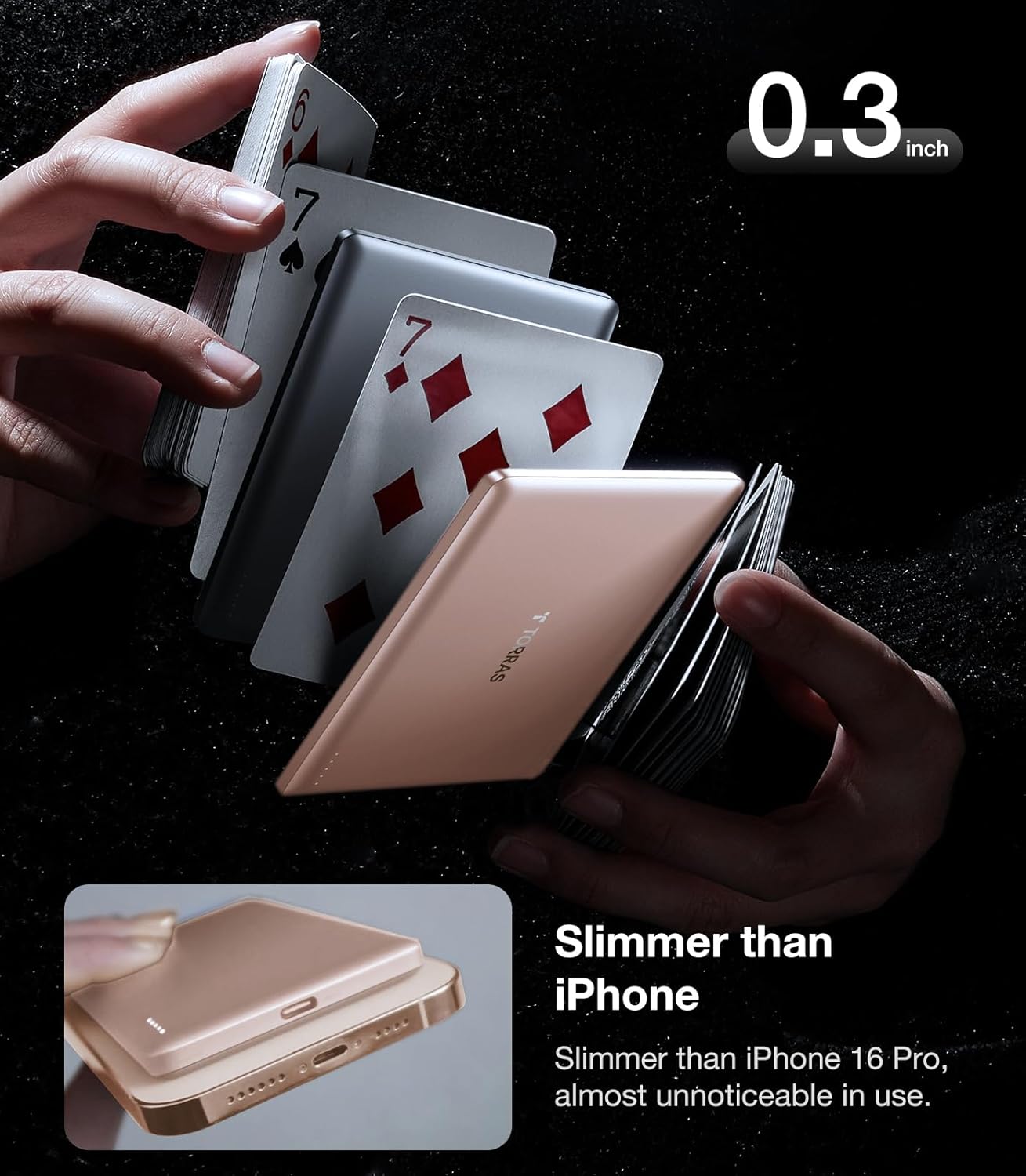 TORRAS MiniMag Power Bank, Ultra Slim 5,000mAh Wireless Portable Charger with USB-C Cable, Fast Charging Magnetic Battery Pack, Magsafe-Compatible Charger for iPhone 16/15/14/13/12, Desert Gold