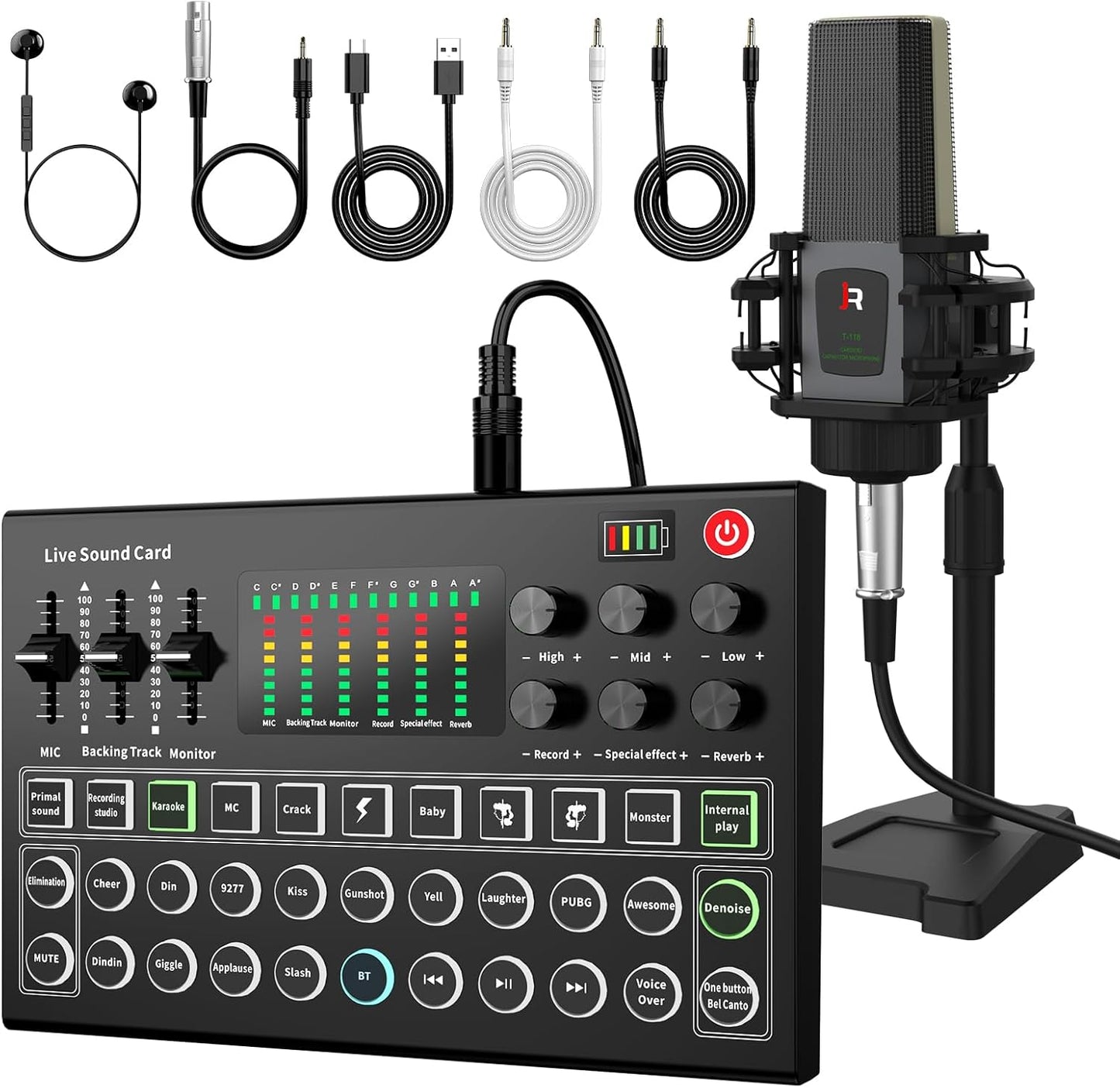 RHM Podcast Equipment Bundle, All-in-One Audio Interface DJ Mixer with Microphone, Stand, Monitor Earphone, Audio Mixer With Sound card for PC/Laptop/Phone, Streaming/Podcasting/Gaming (M9 Set)
