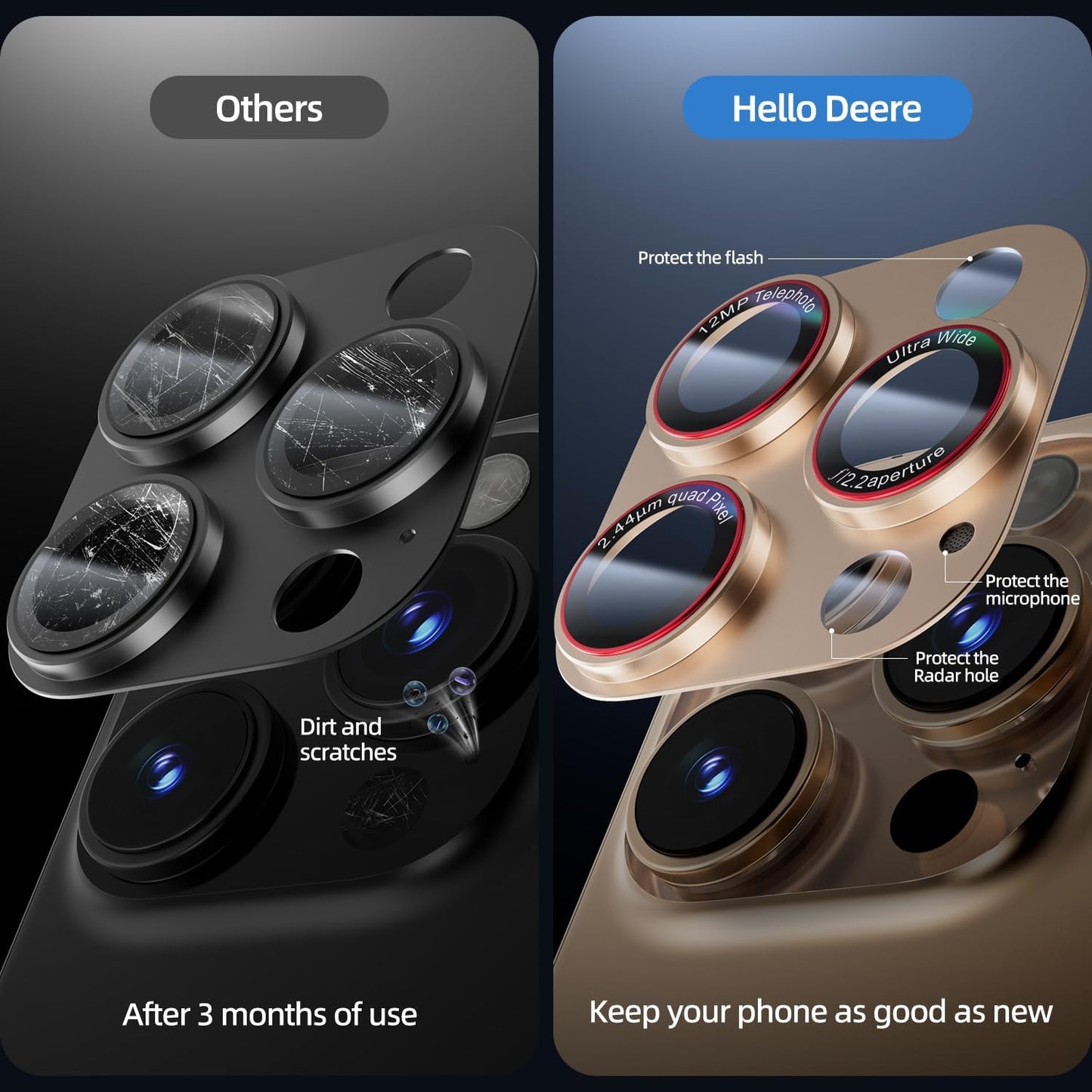 Camera Lens Protector for iPhone 16 Pro Max/iPhone 16 Pro/iPhone 15 Pro Max/iPhone 15 Pro/iPhone 14 Pro Max/14 Pro , [Military Grade Shatterproof][Full Coverage Metal] [Strong Adsorption] 9H Metal Tempered Glass Camera Screen Cover, [Case-Friendly], Gold