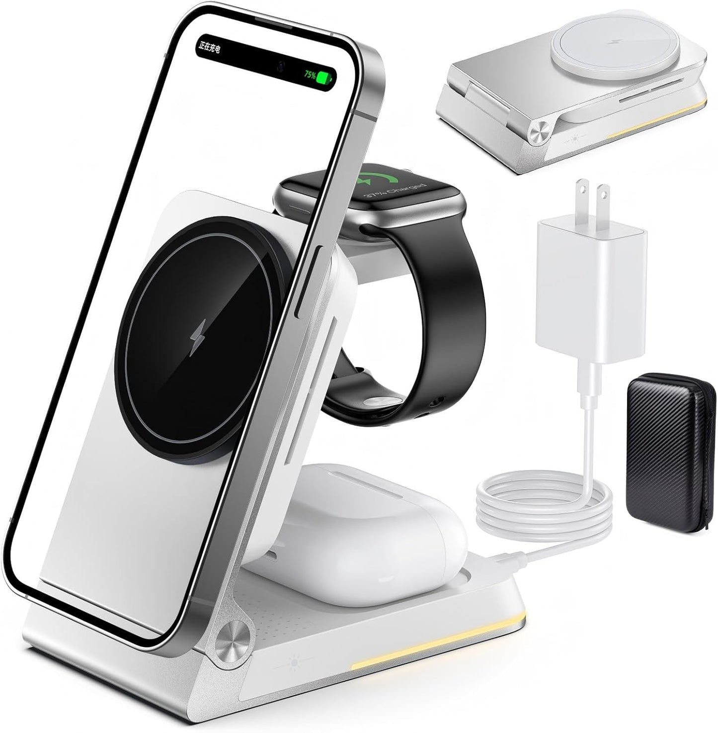 Aluminum 3 in 1 Wireless Charging Station,Foldable Wireless Charger for Apple Magsafe with Light,Portable Travel Magnetic Charger Stand for iPhone 16/15/14,Watch,Airpod, Include PD 20W Adapter & Case