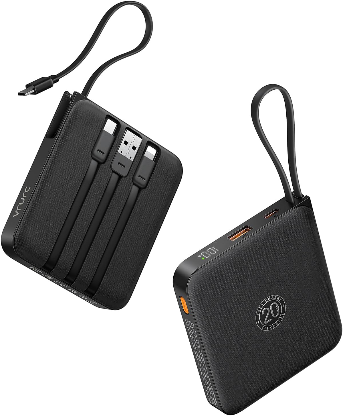 VRURC Portable Charger with Built-in Cable, 10000mAh 22.5W Fast Charging USB C Battery Pack, Cell Phone Power Bank for iPhone 16 15 14 Samsung Galaxy S25 S24 S23 Series Android Tablet, Black(1 Pack)