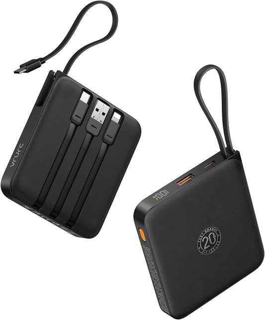 VRURC Portable Charger with Built-in Cable, 10000mAh 22.5W Fast Charging USB C Battery Pack, Cell Phone Power Bank for iPhone 16 15 14 Samsung Galaxy S25 S24 S23 Series Android Tablet, Black(1 Pack)