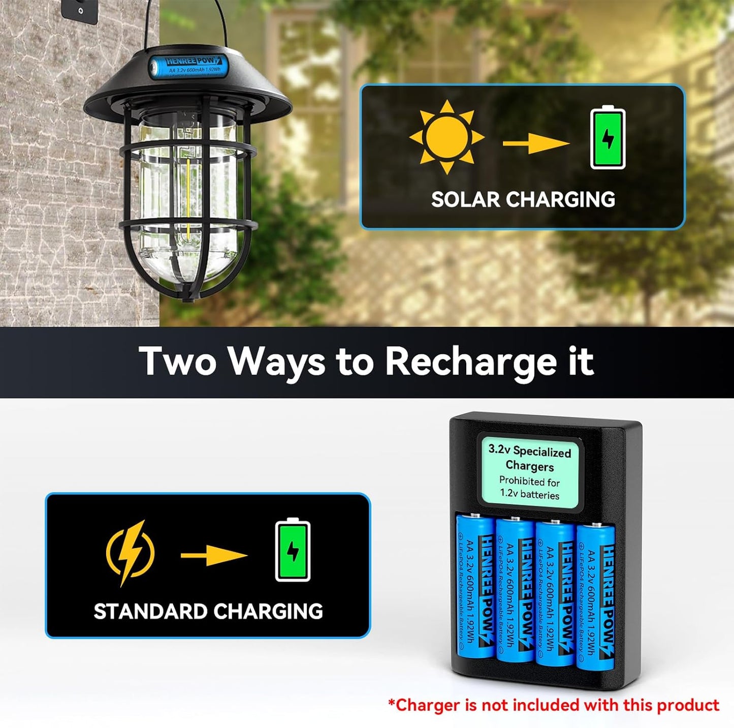 Henreepow AA 3.2v Solar Rechargeable Batteries, LiFePo4 Double A 600mAh 3.2v 1.92wh Solar Battery, 3.2v Rechargeable Batteries for Solar Lights, Wall Lantern, Solar Post Lights（AA-3.2v-6pack）