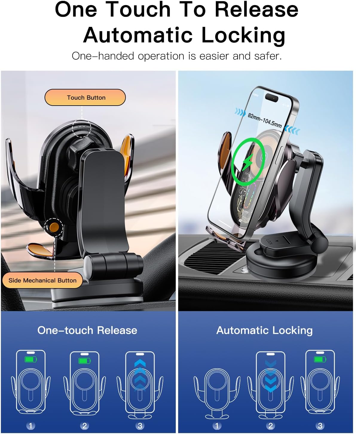 Wireless Car Charger, ESSAGER 15W Fast Charging Car Phone Holder Mount Auto Clamping Cell Phone Stand for iPhone 15 14 13 12 11 Pro Max, Samsung Galaxy S23 S22 S21