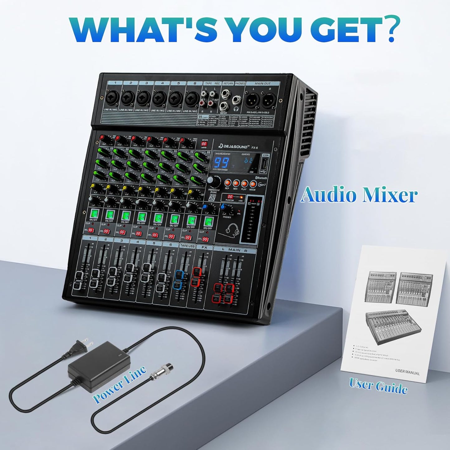 6-Channel Professional Audio Mixer, FX-6usb Mixing Console with XLR Inputs, Bluetooth, 99 DSP Effects, MP3, USB Interface for Podcast, Music, Recording, PC 13.39"x3.54"x12.60"inches