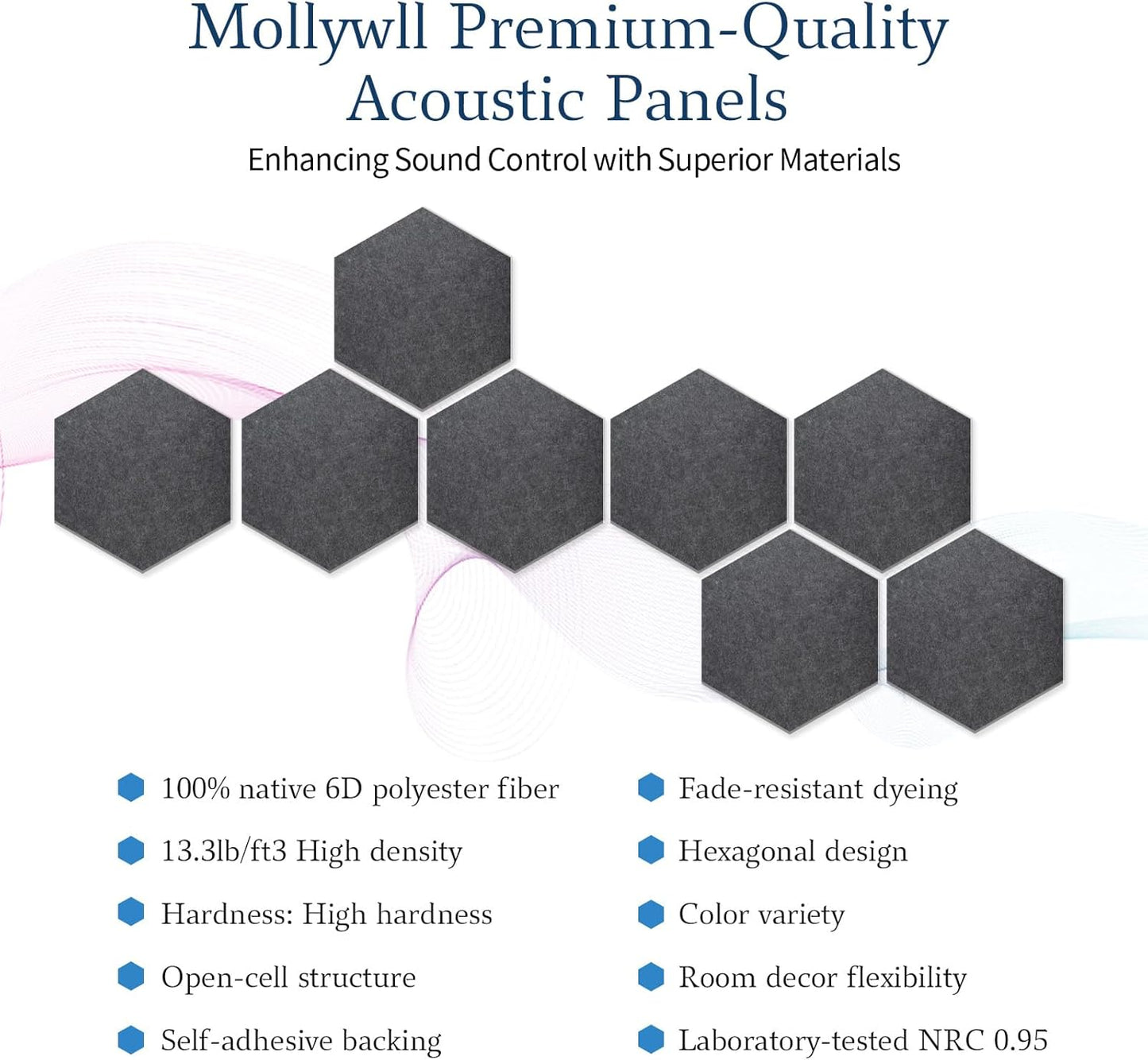 Mollywell Hexagon Acoustic Panels, High Density, Soundproofing, Decorative Noise Reduction Felt Wall Tiles for Ceilings, Home Office & Gaming Room (Moon Gary), 12x10x0.4 Inch